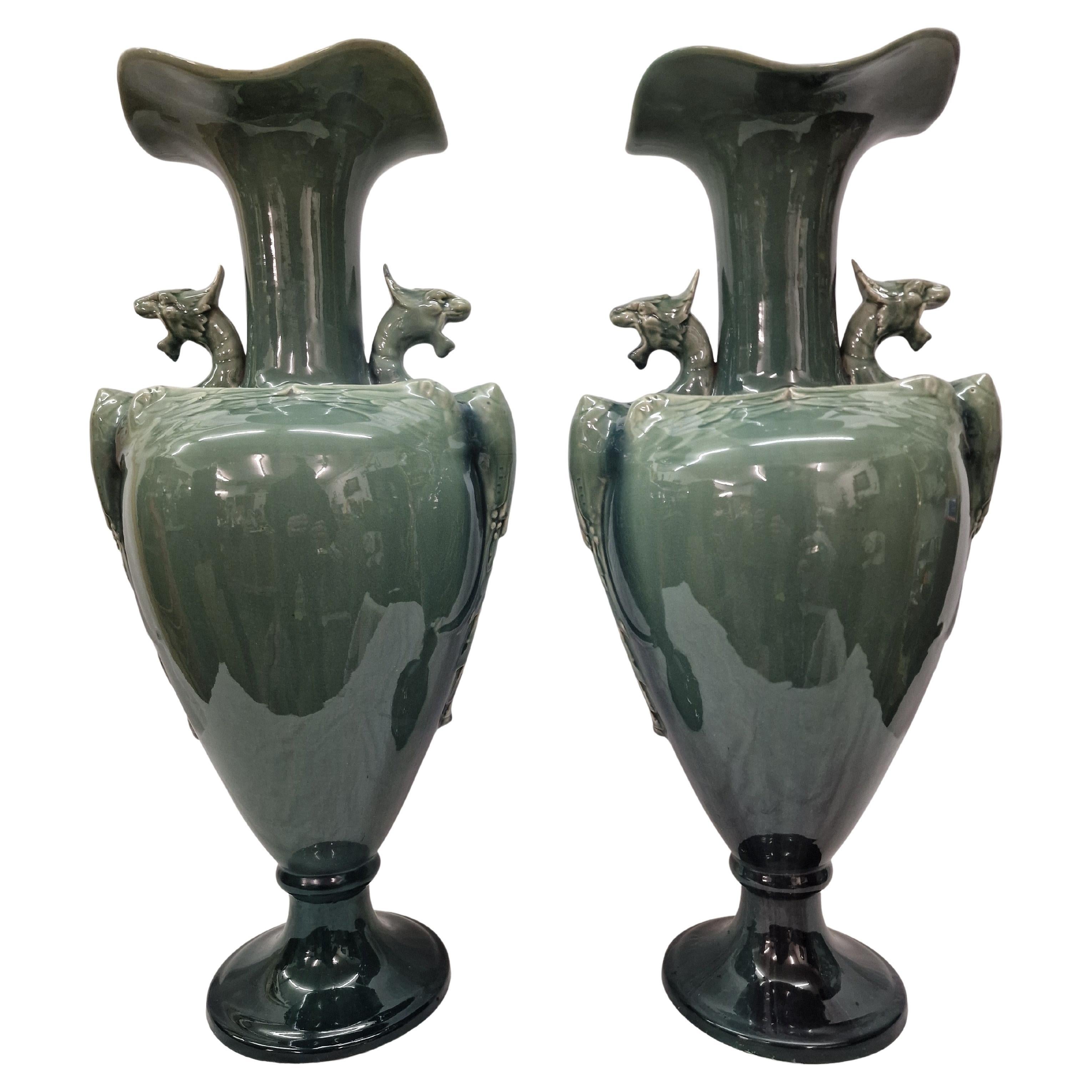 Rare set of two monumental dragon vases, Art Nouveau, style Massier, 1900 France