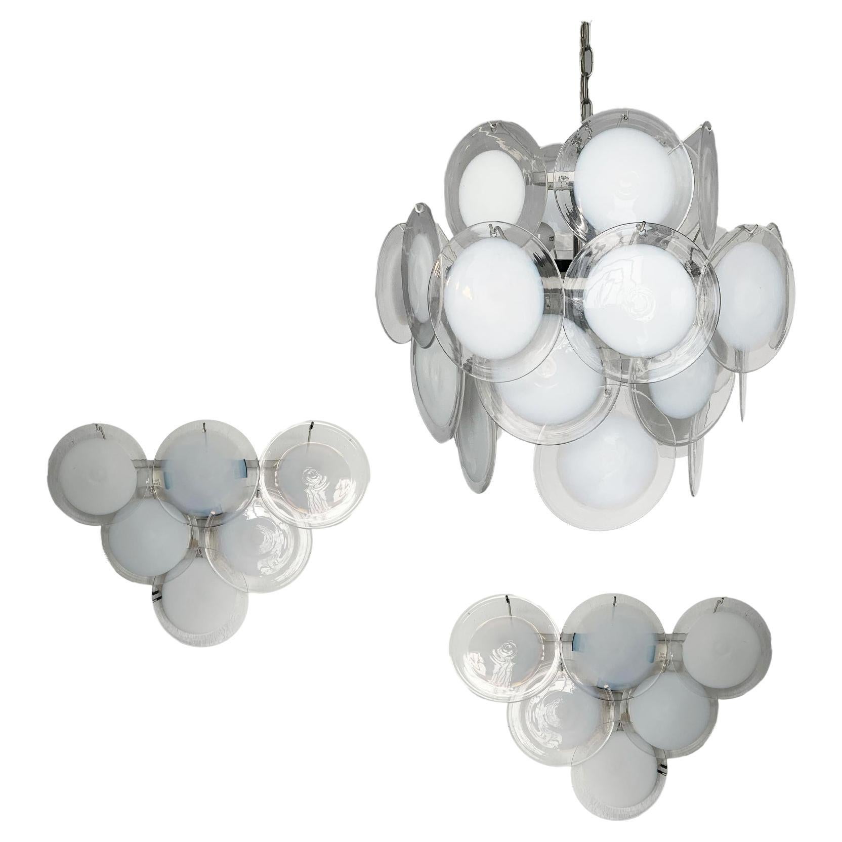 Rare Set of Two Murano Glass Sconces and One Pendant Chandelier by Gino Vistosi