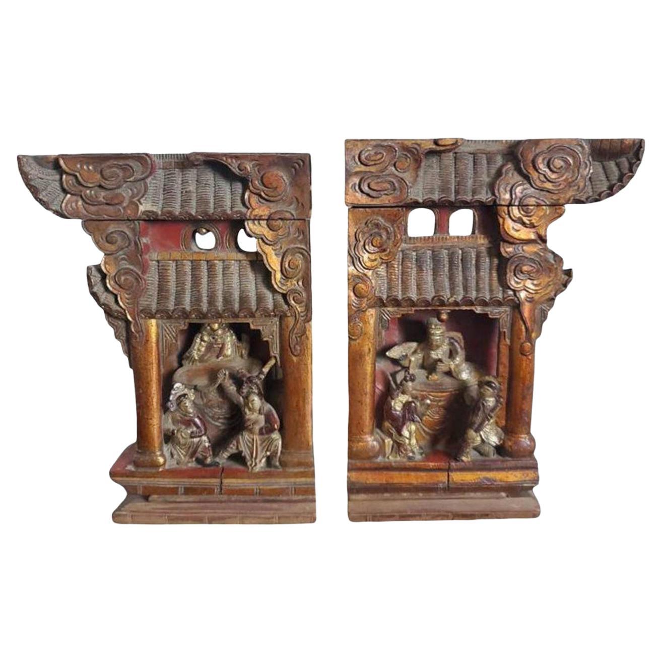 Rare ensemble de deux consoles de temple architectural chinois de la Dynasty Qing