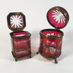 Rare Set of Two Red Cut Crystal Candy Boxes from the 1900s