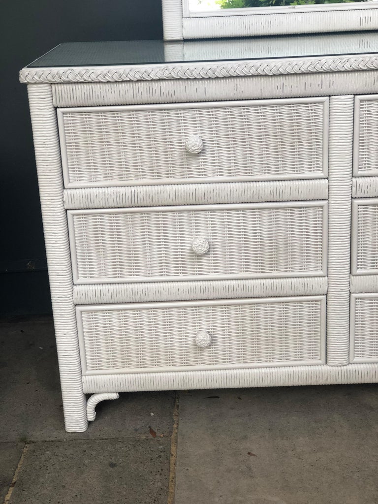 Henry Link Set of White Wicker Bedroom Furniture, Nightstands, Mirror 1980s For Sale at 1stDibs