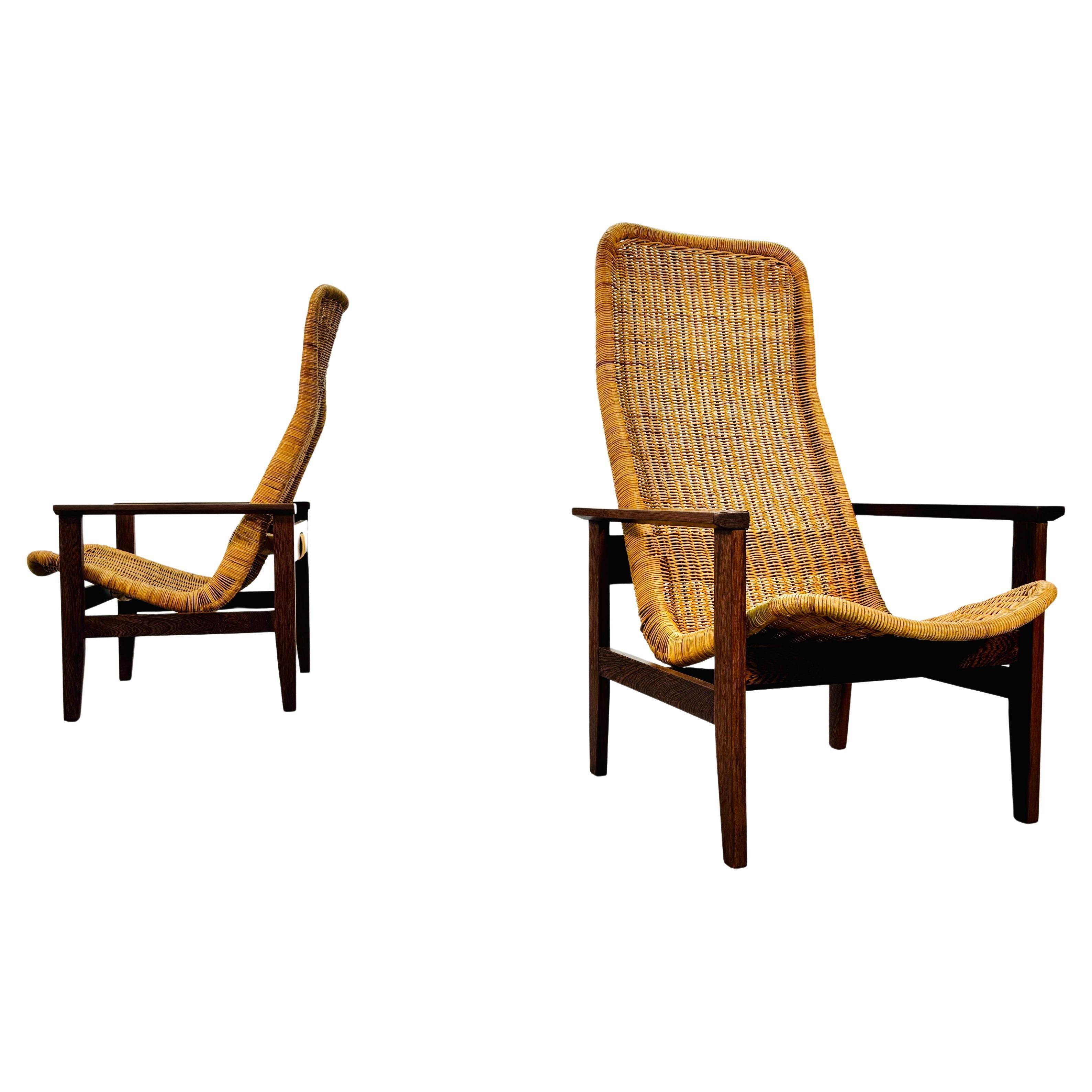 Rare set of Wicker armchairs on solid wengé frames by Dirk van Sliedregt, 1965. For Sale