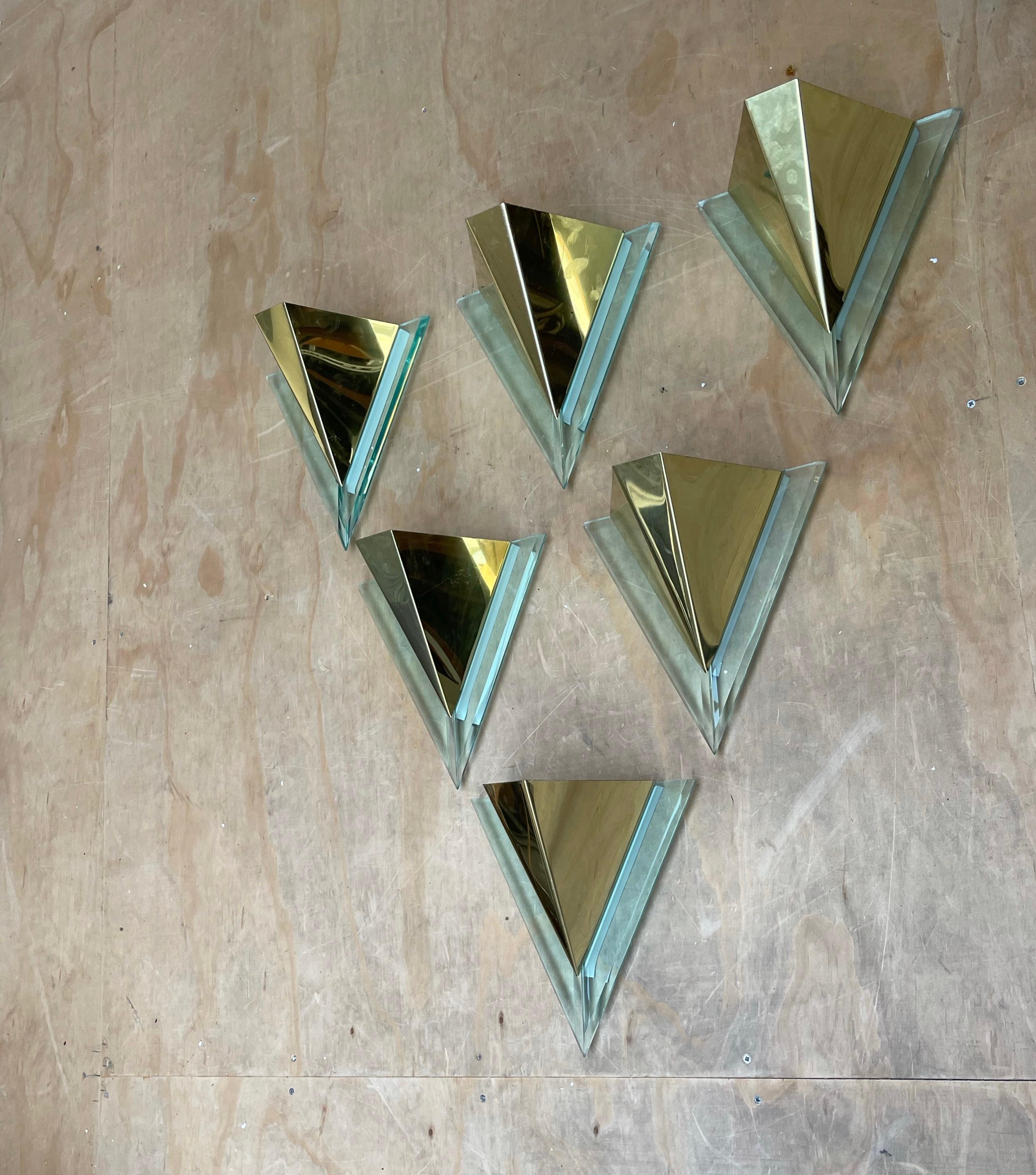 Rare Set or Group of Six Mid-Century Modern Era, Brass and Lucite Wall Sconces 7