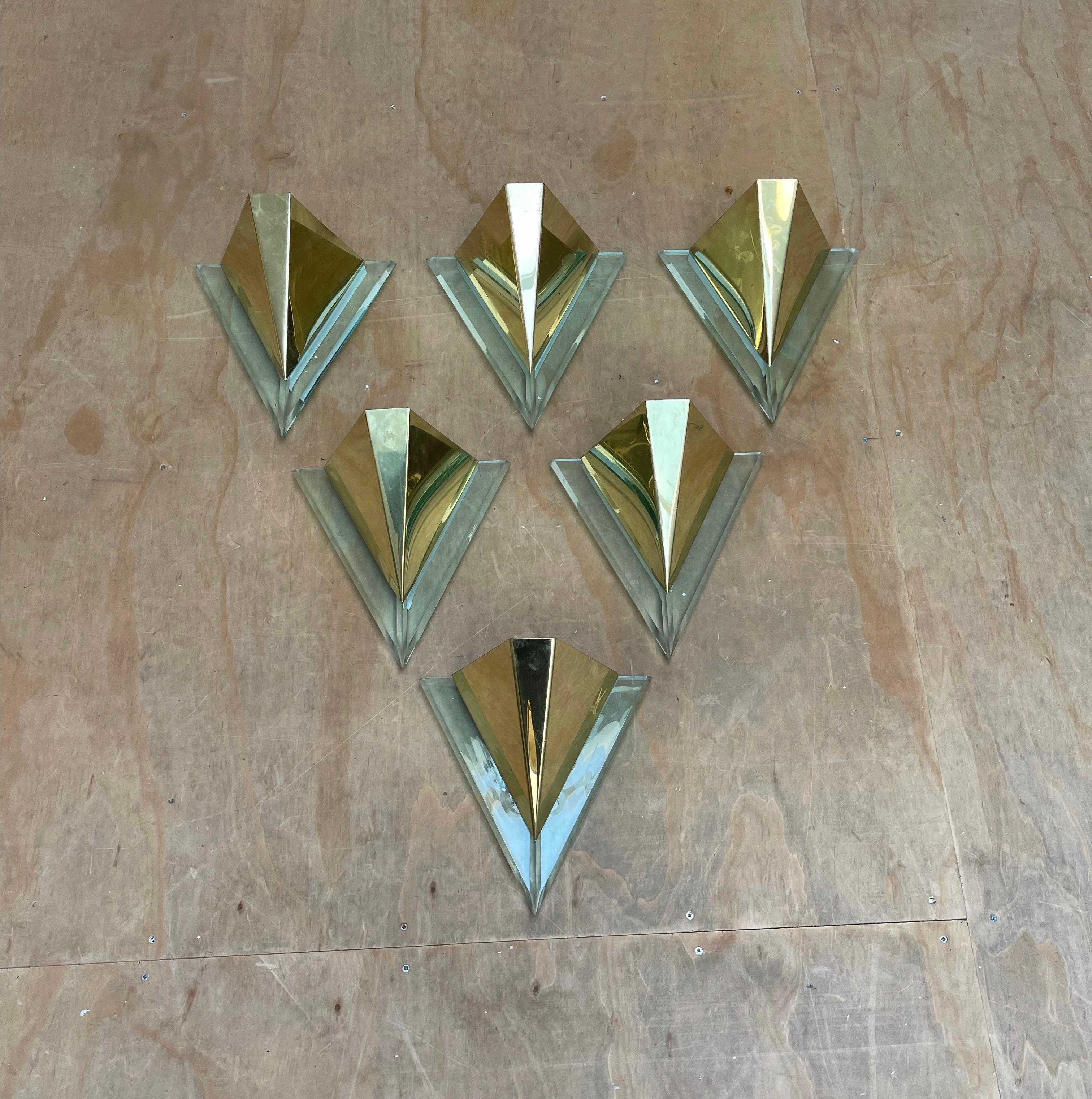 Rare Set or Group of Six Mid-Century Modern Era, Brass and Lucite Wall Sconces For Sale 8