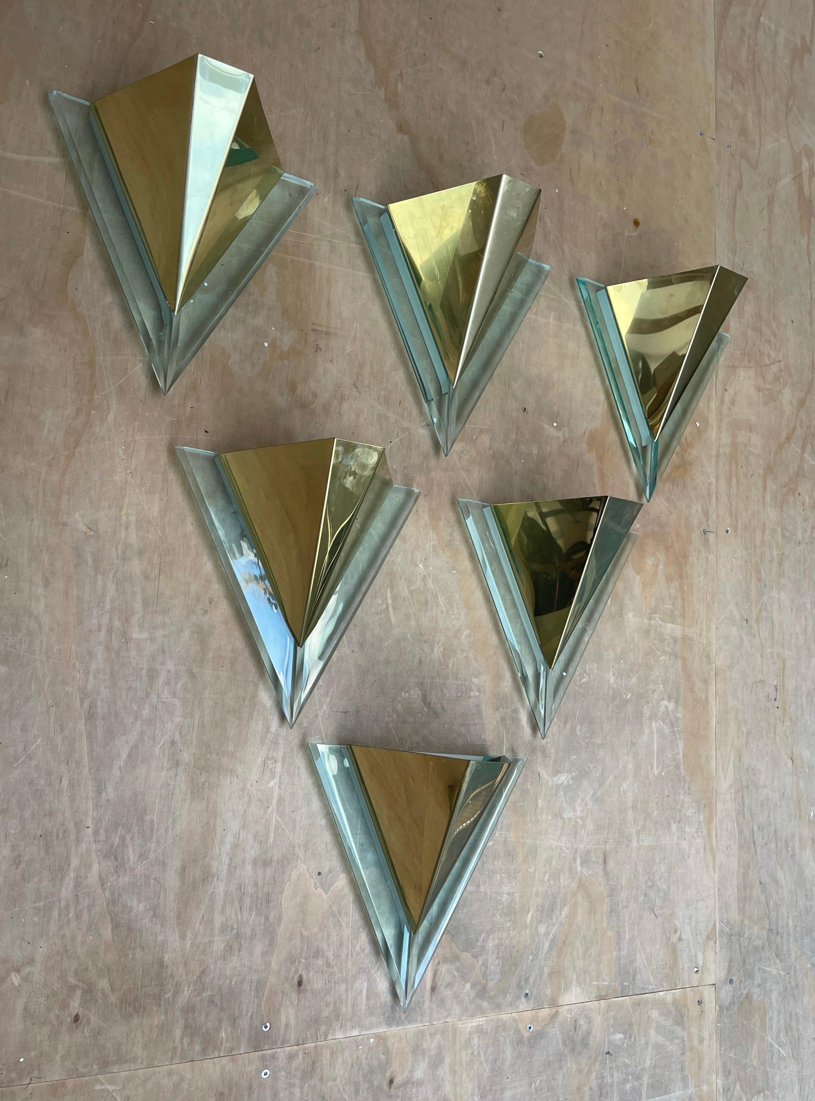 Rare Set or Group of Six Mid-Century Modern Era, Brass and Lucite Wall Sconces 9