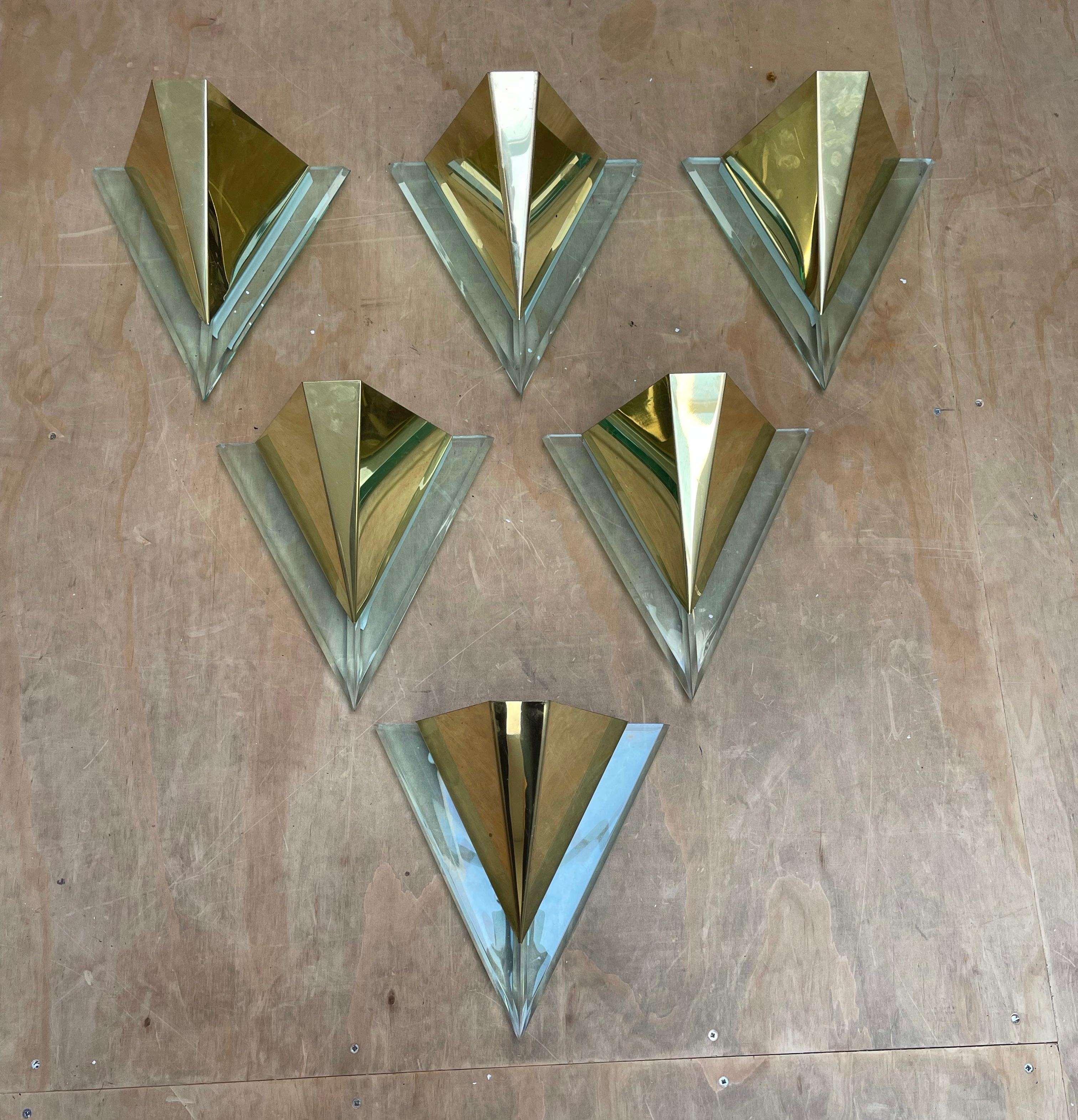 Art Deco Rare Set or Group of Six Mid-Century Modern Era, Brass and Lucite Wall Sconces For Sale