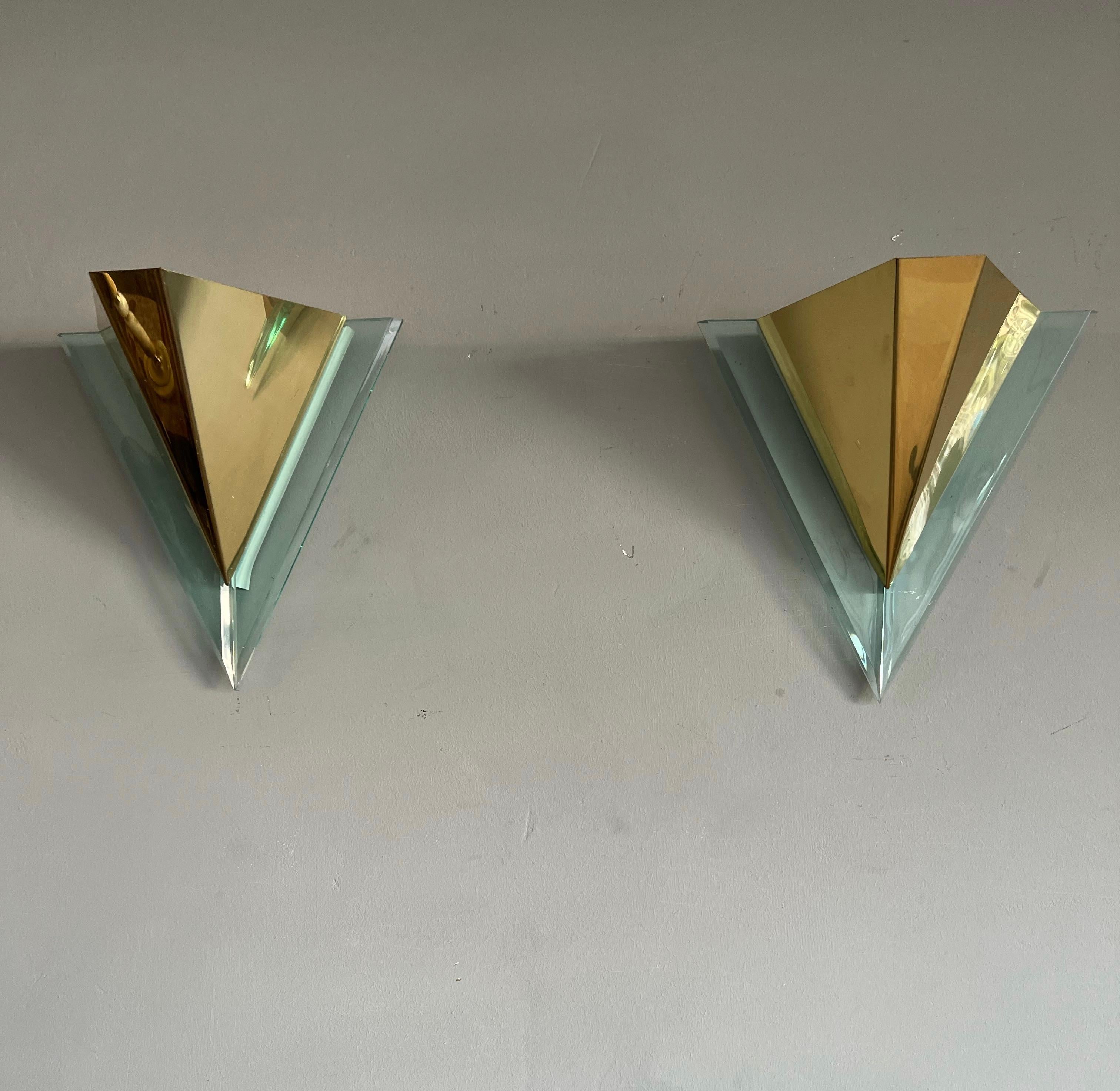 European Rare Set or Group of Six Mid-Century Modern Era, Brass and Lucite Wall Sconces For Sale