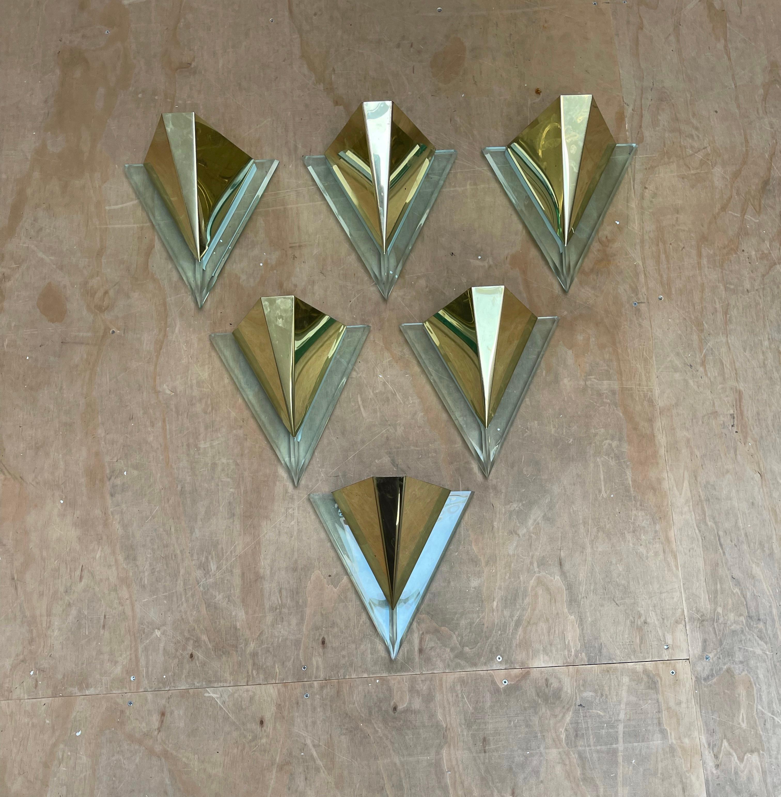 Rare Set or Group of Six Mid-Century Modern Era, Brass and Lucite Wall Sconces For Sale 1