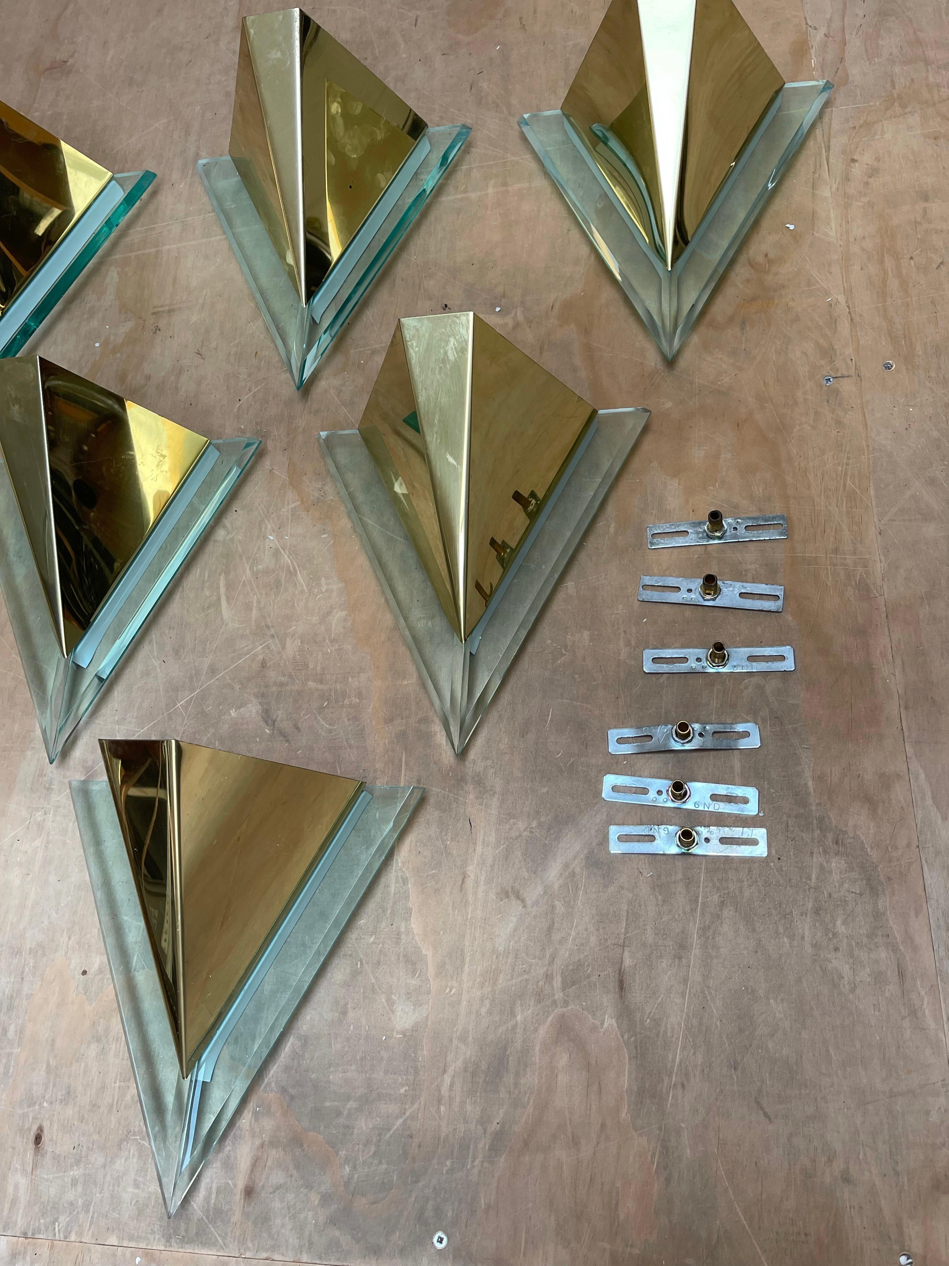 Rare Set or Group of Six Mid-Century Modern Era, Brass and Lucite Wall Sconces For Sale 2