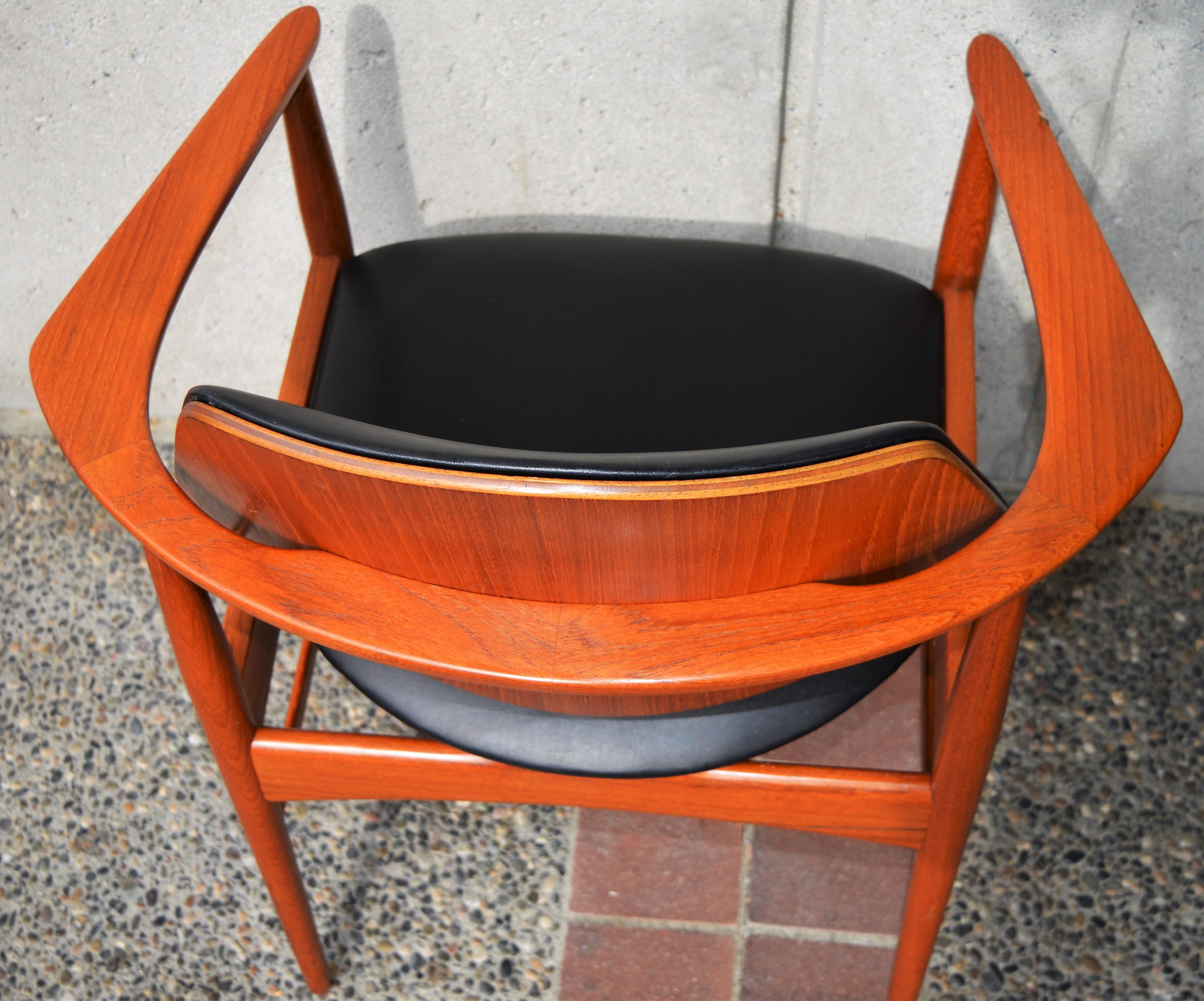 Rare Set Six Danish Modern Teak Dining Chairs, Arne Hovmand Olsen Black Leather 5