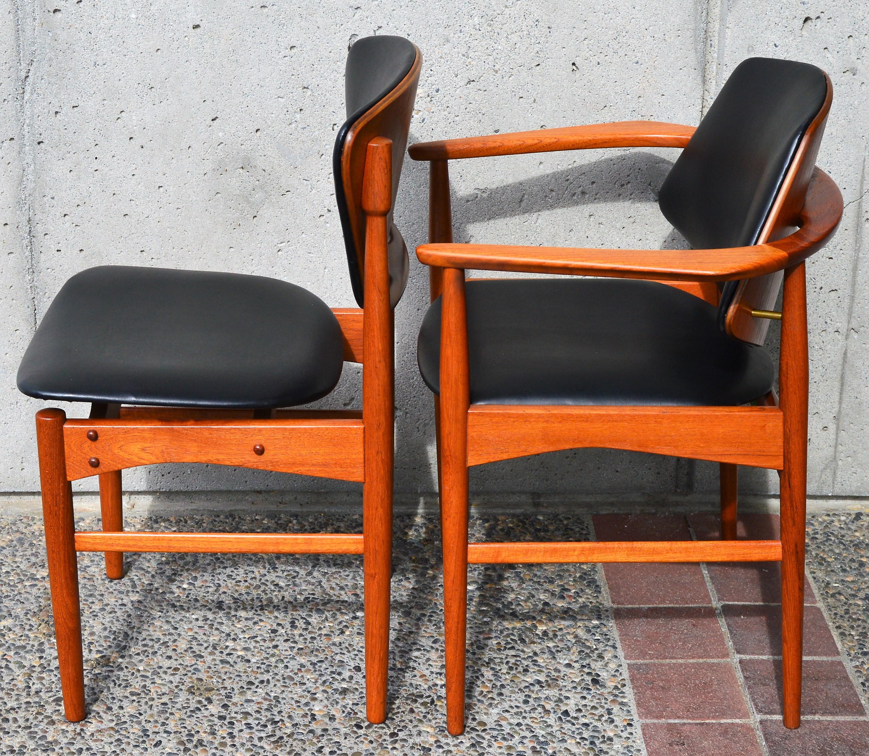 Rare Set Six Danish Modern Teak Dining Chairs, Arne Hovmand Olsen Black Leather 6