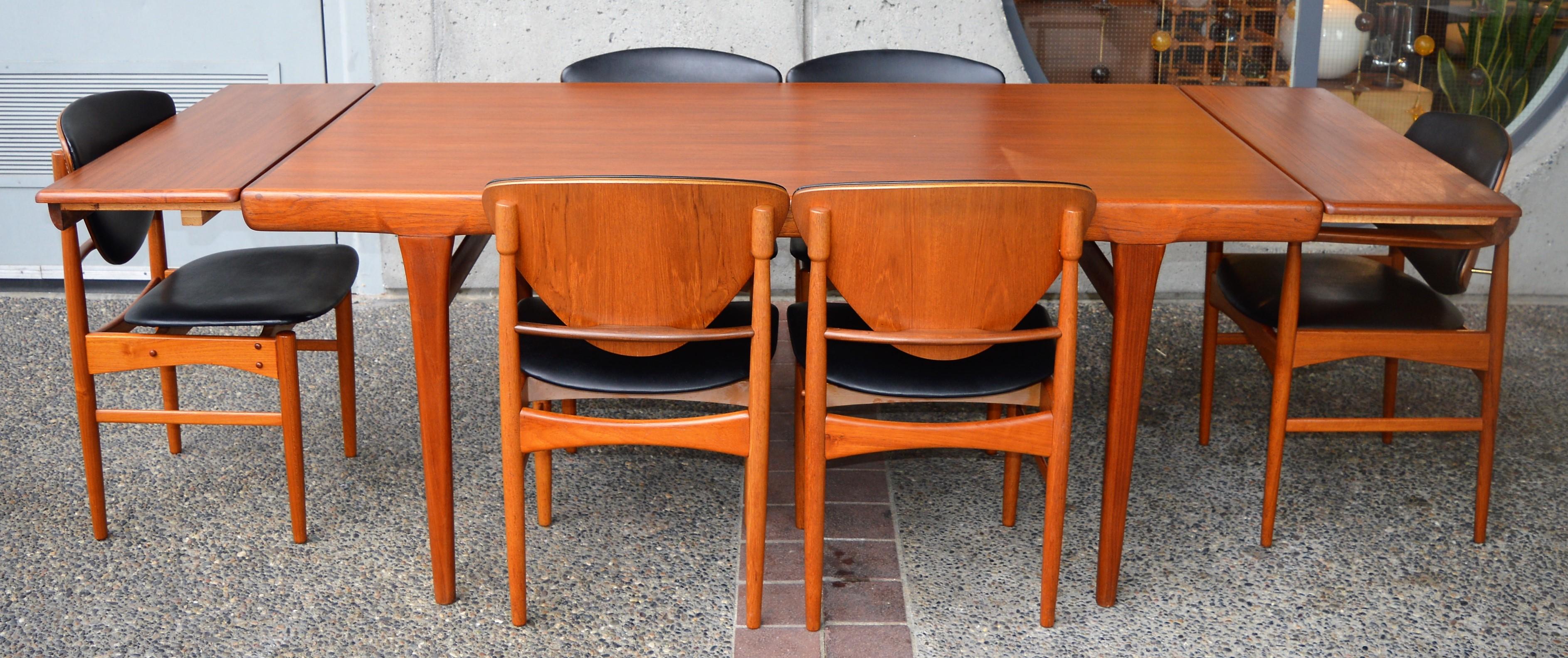 Rare Set Six Danish Modern Teak Dining Chairs, Arne Hovmand Olsen Black Leather 7