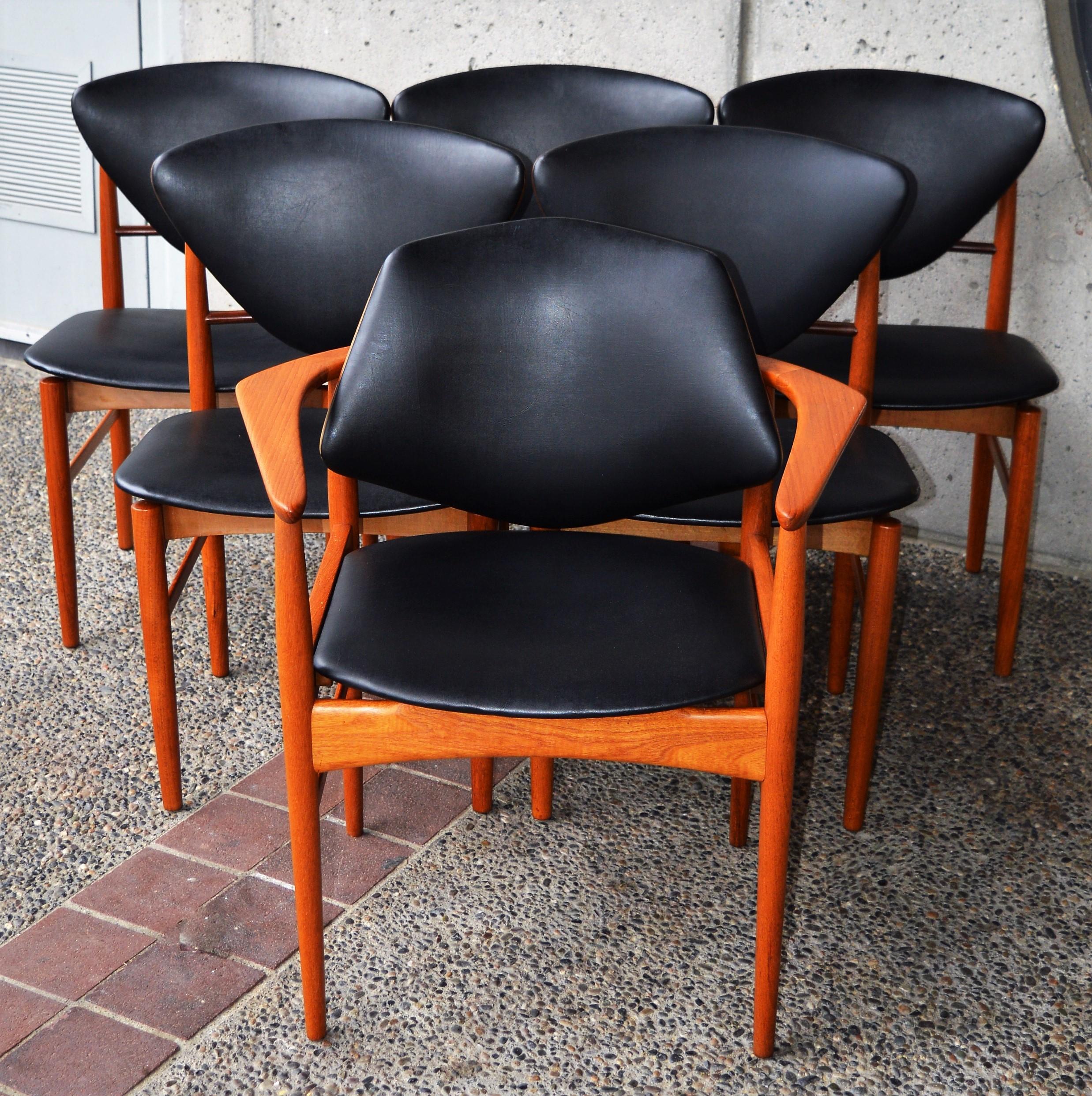 Rare Set Six Danish Modern Teak Dining Chairs, Arne Hovmand Olsen Black Leather 8