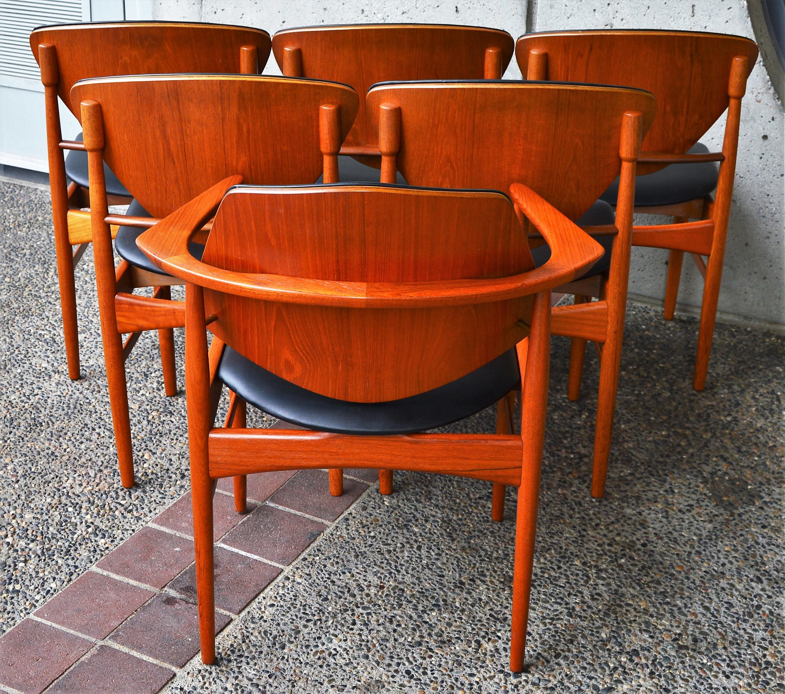 Rare Set Six Danish Modern Teak Dining Chairs, Arne Hovmand Olsen Black Leather 10