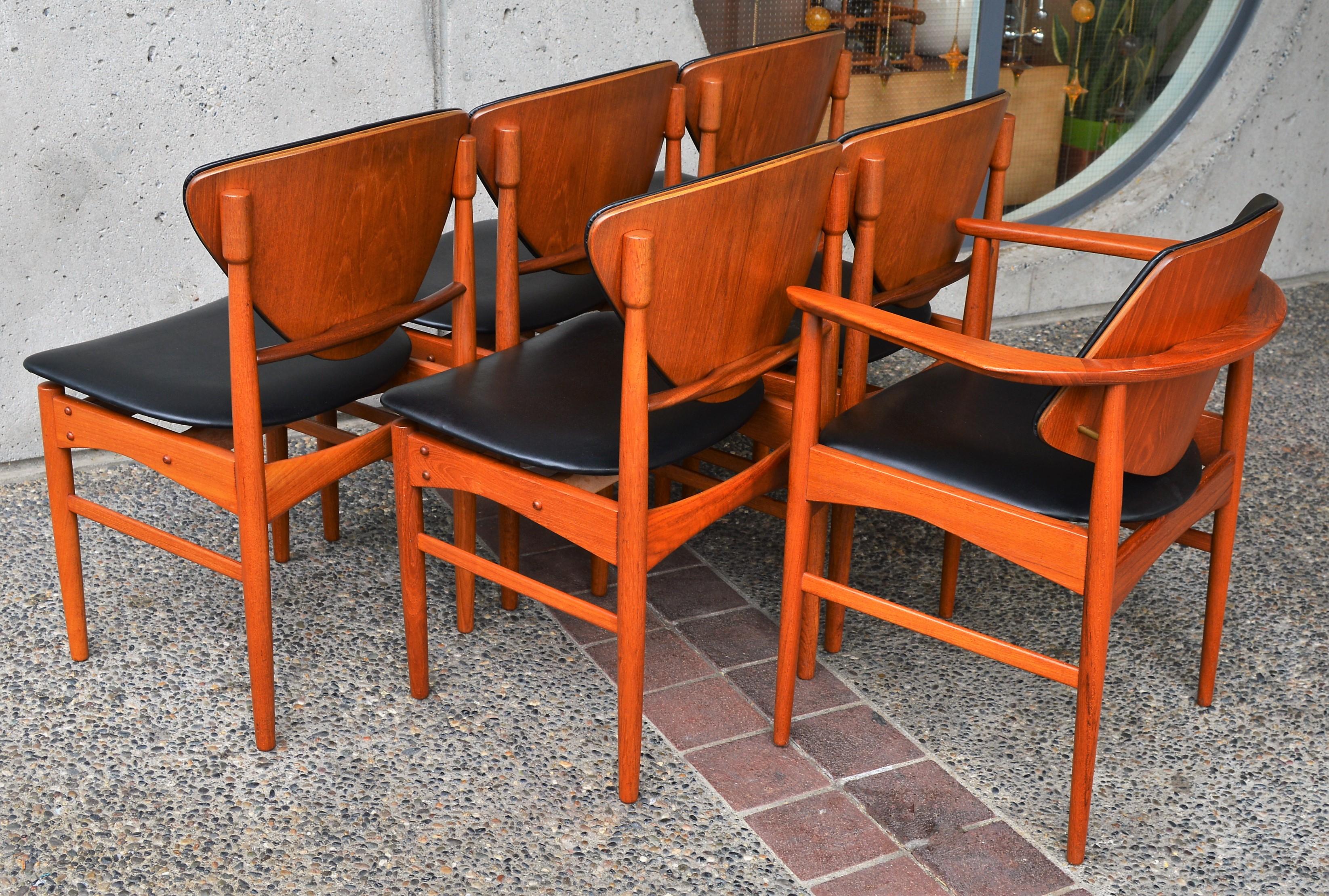 Rare Set Six Danish Modern Teak Dining Chairs, Arne Hovmand Olsen Black Leather 12