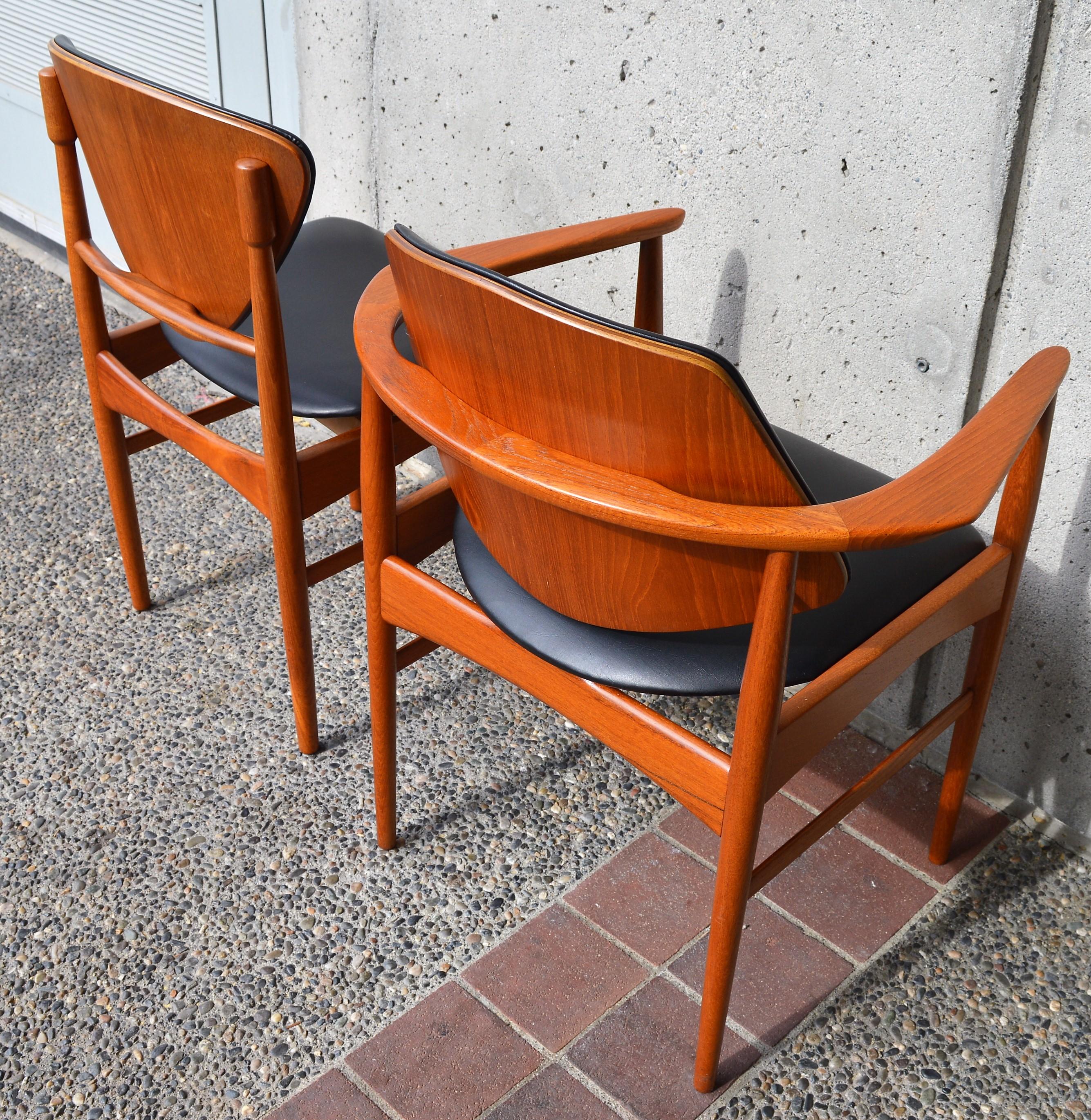 Mid-Century Modern Rare Set Six Danish Modern Teak Dining Chairs, Arne Hovmand Olsen Black Leather