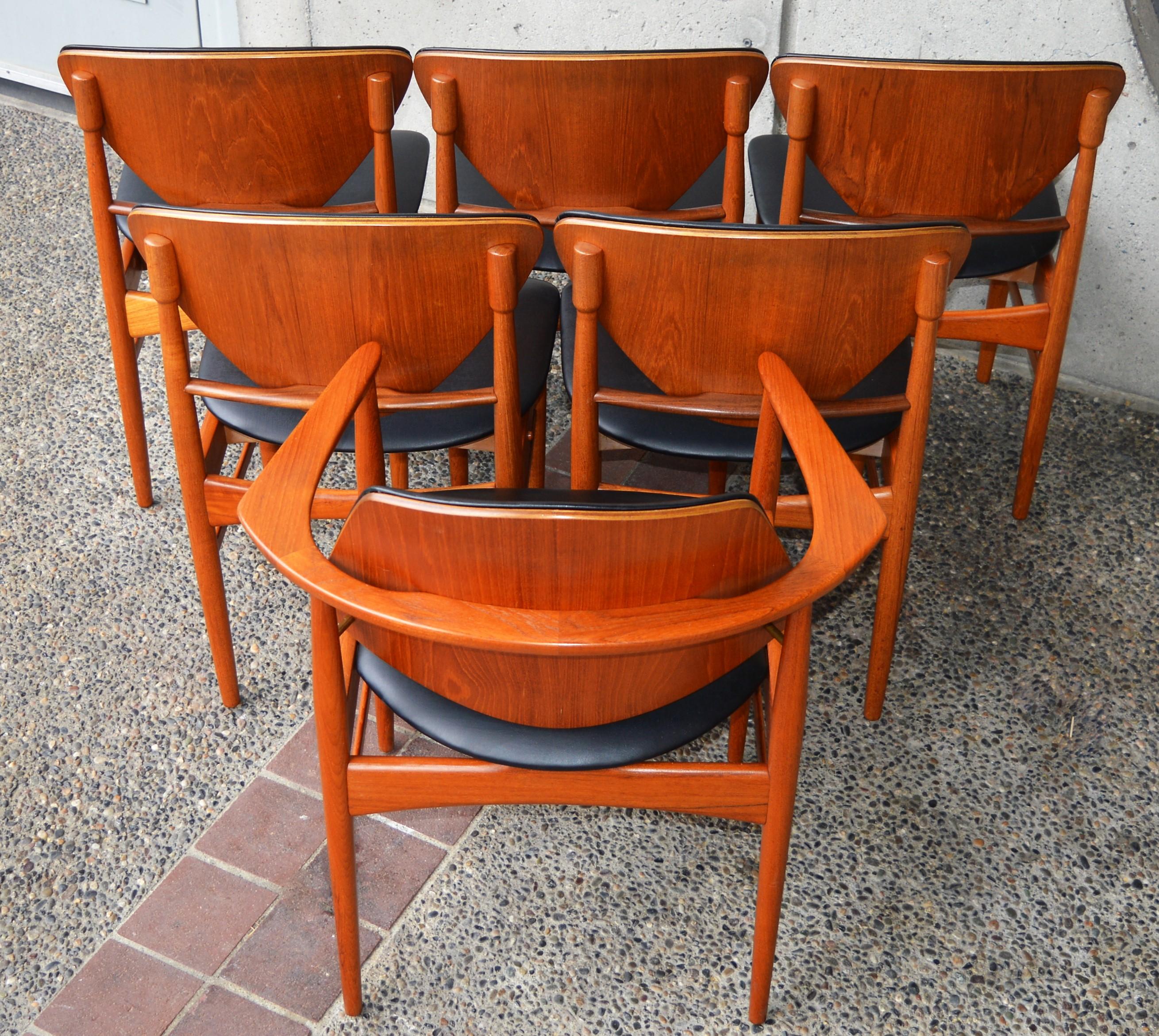 Rare Set Six Danish Modern Teak Dining Chairs, Arne Hovmand Olsen Black Leather 3