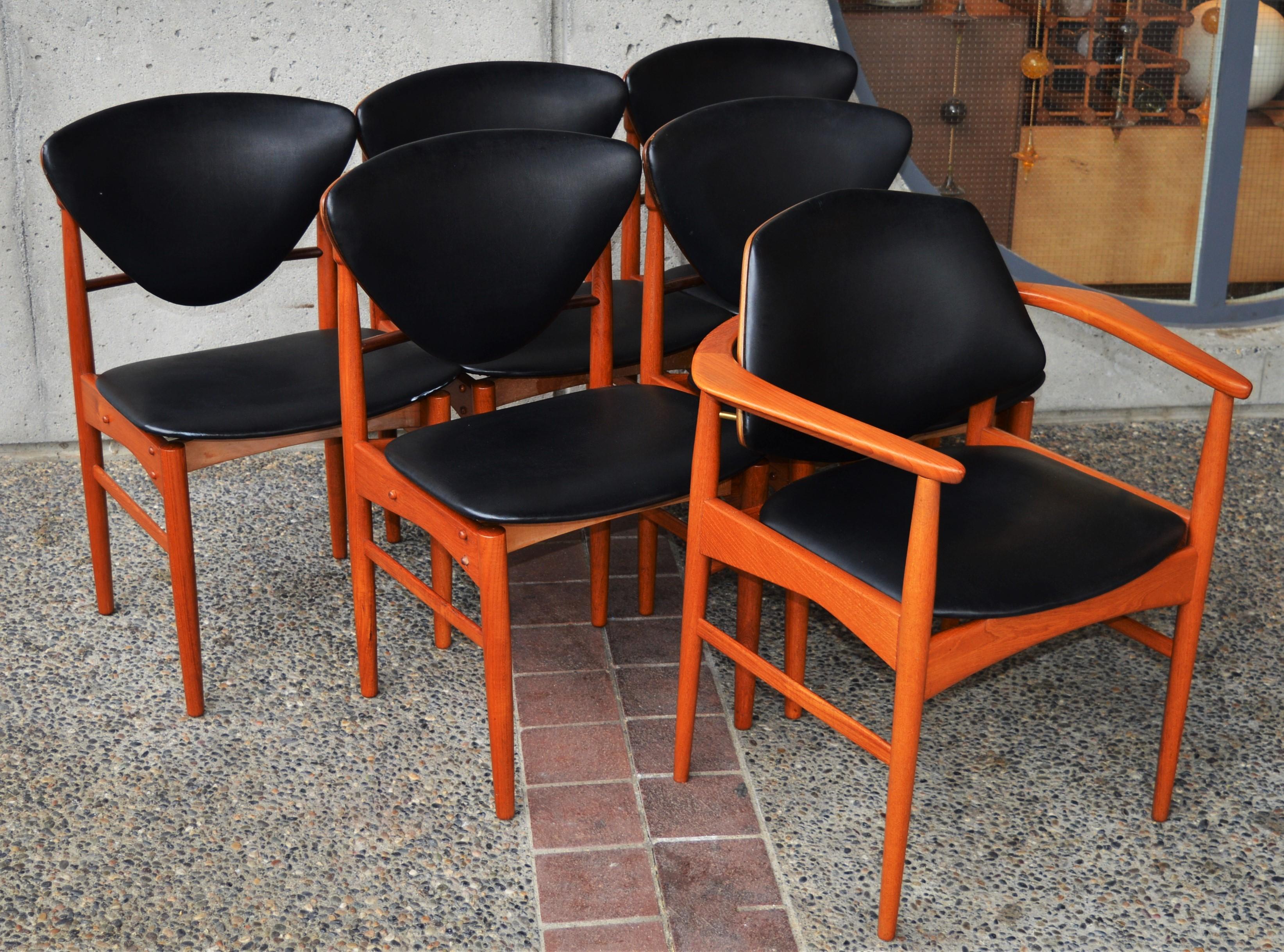 Rare Set Six Danish Modern Teak Dining Chairs, Arne Hovmand Olsen Black Leather 4