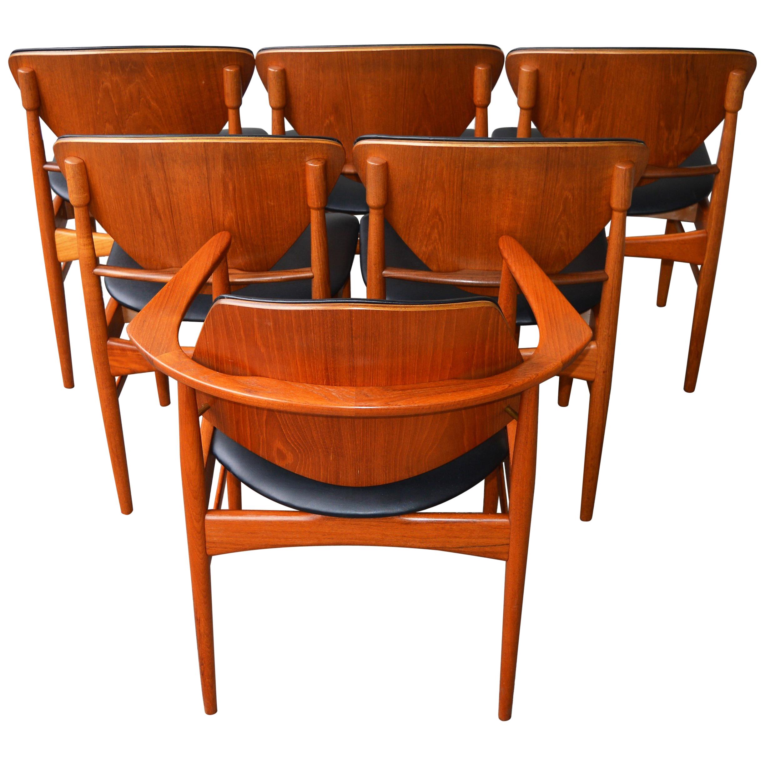 Rare Set Six Danish Modern Teak Dining Chairs, Arne Hovmand Olsen Black Leather