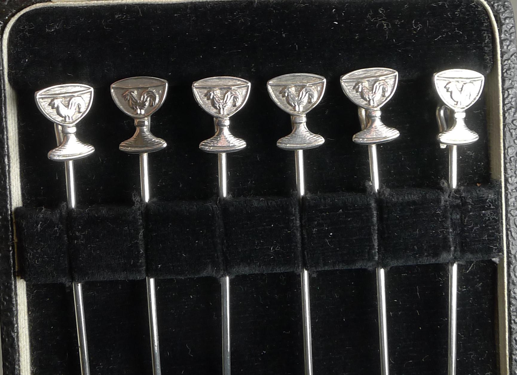 Mid-Century Modern Rare Set Six Vintage English Sterling Silver Champagne Glass Cocktail Sticks