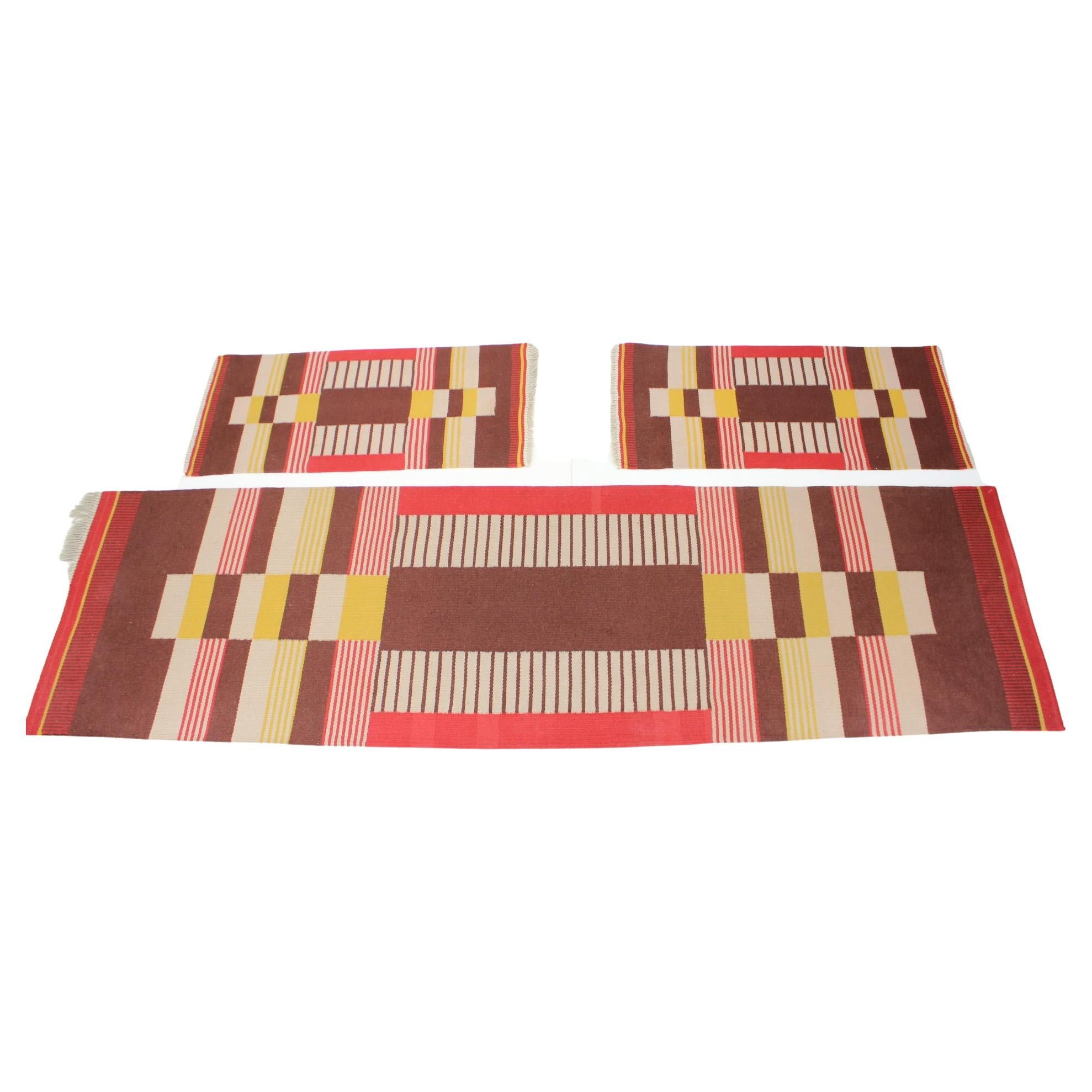 Rare Set Three Geometric Wool Rugs Designed by Antonín Kybal, 1940s