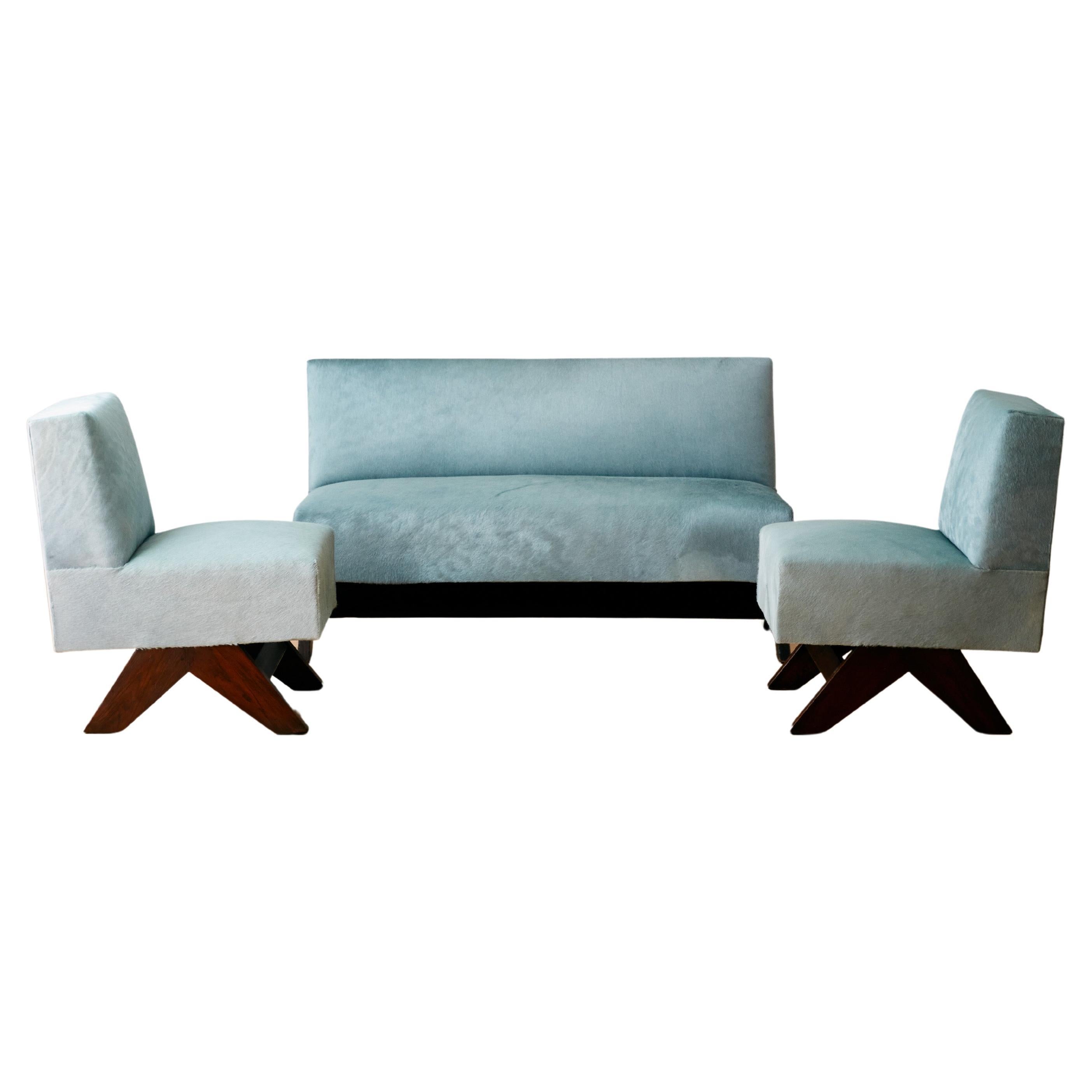 Rare Settee and Pair of Low Lounge Chairs by Pierre Jeanneret For Sale