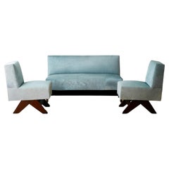 Used Rare Settee and Pair of Low Lounge Chairs by Pierre Jeanneret