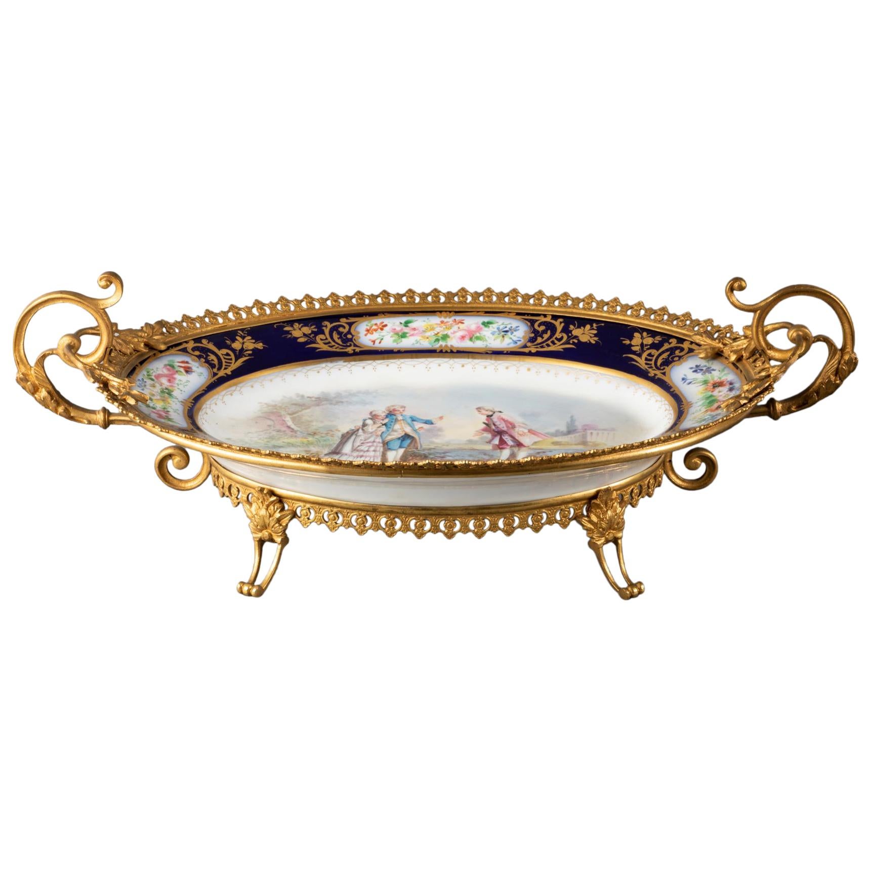 Rare Sevres, Gilded Bronze Dish, Gallant Scene, Chateau des Tuileries circa 1840 For Sale