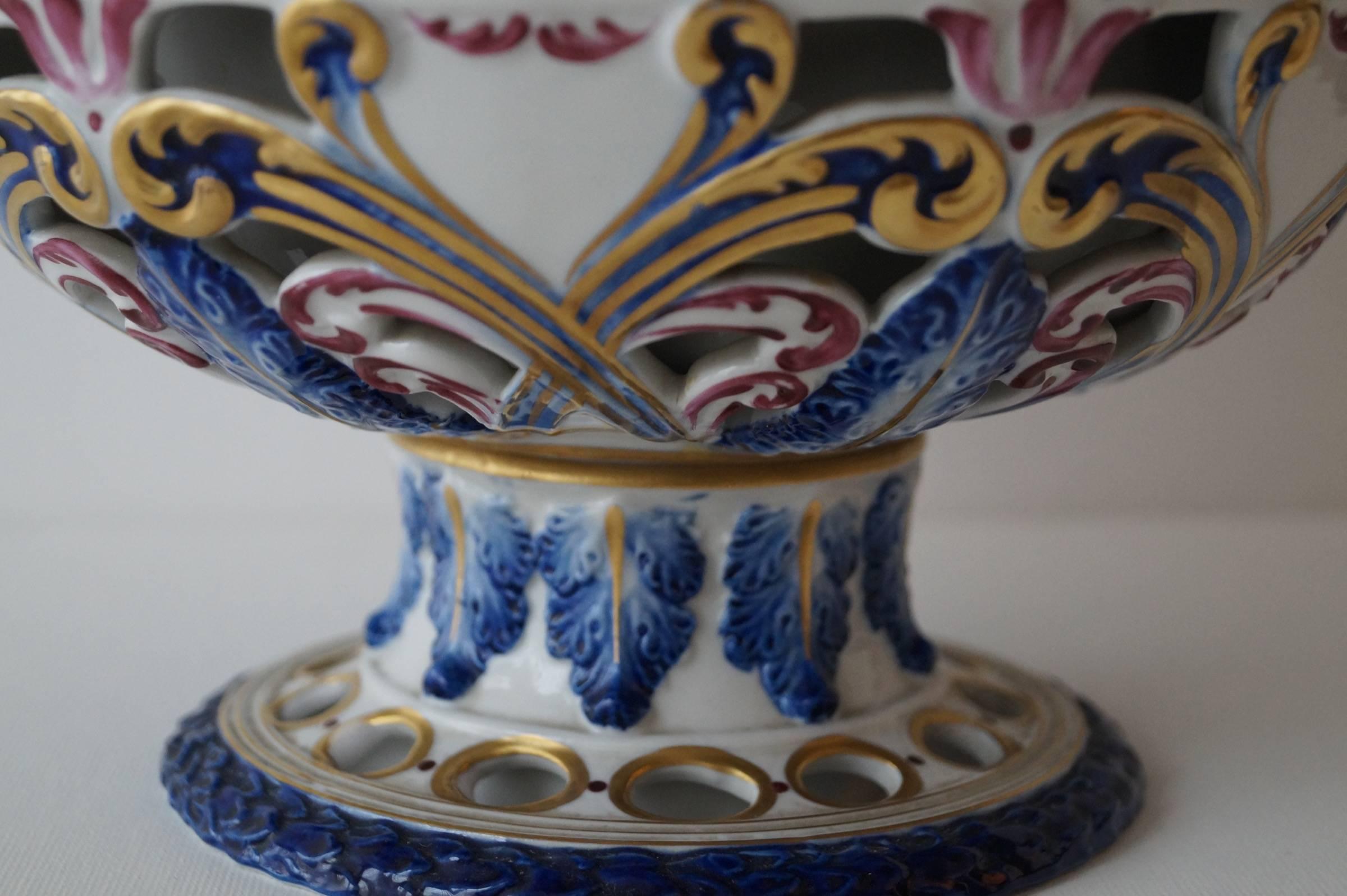 French Rare Sèvres Hand-Painted Porcelain Potpourri Bowl, France, 1950s For Sale