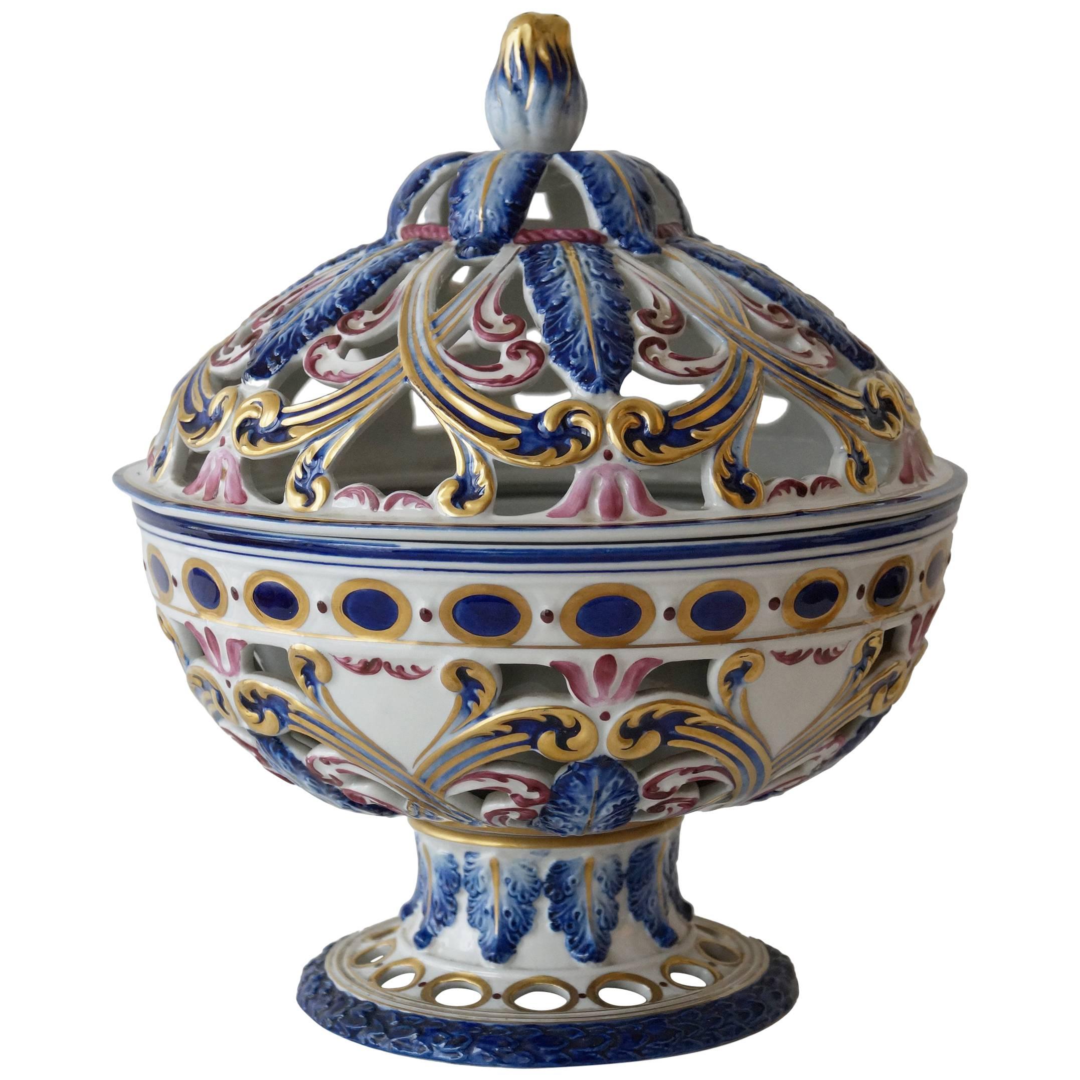 Rare Sèvres Hand-Painted Porcelain Potpourri Bowl, France, 1950s For Sale