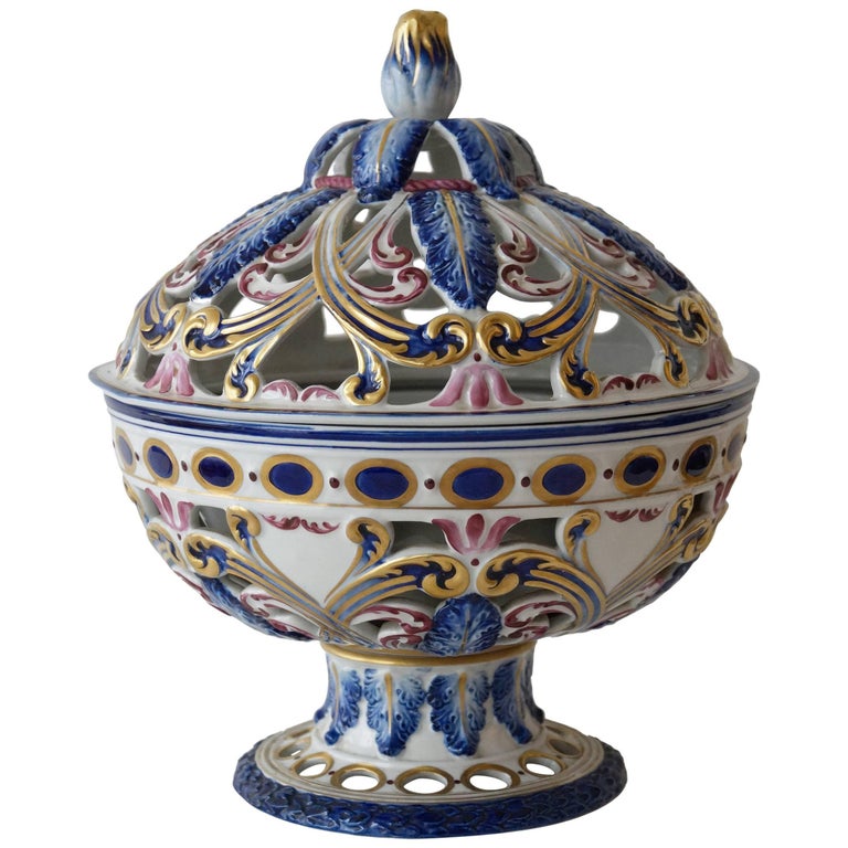Rare Sèvres HandPainted Porcelain Potpourri Bowl, France, 1950s For