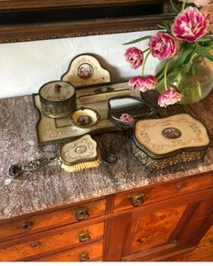 Rare Sevres Style French Gilt Ormolu Bronze & Hand Painted Porcelain Vanity Set