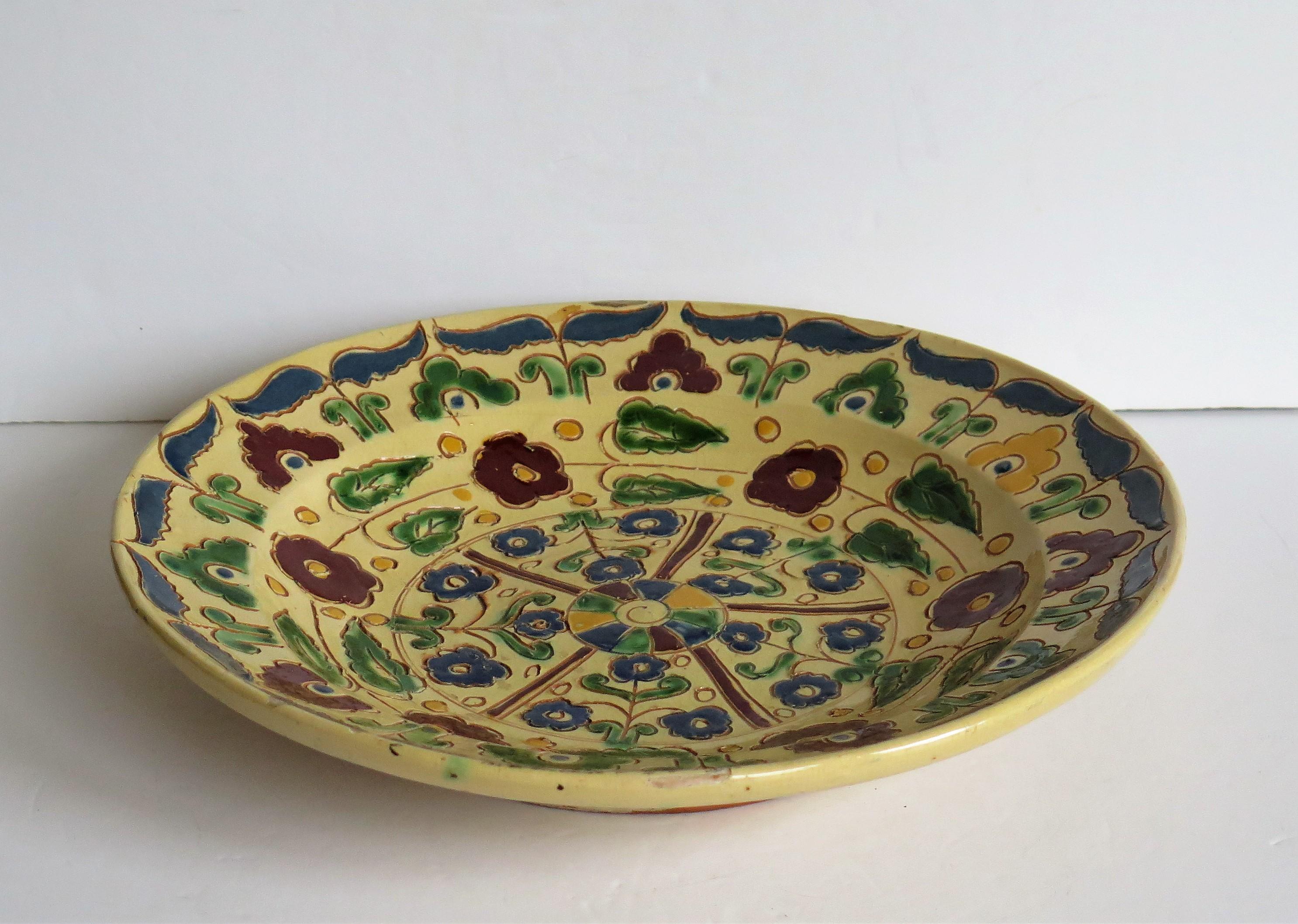 Earthenware Rare Sgraffito Redware Slip Decorated Pottery Charger Large Plate, 19th Century For Sale