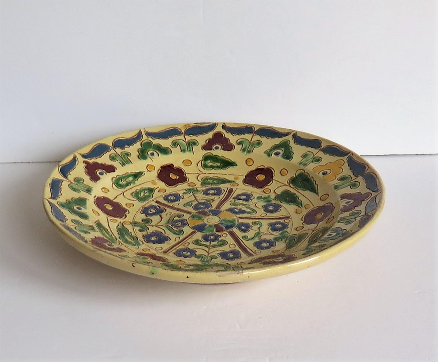 Glazed Rare Sgraffito Redware Slip Decorated Pottery Charger Large Plate, 19th Century For Sale