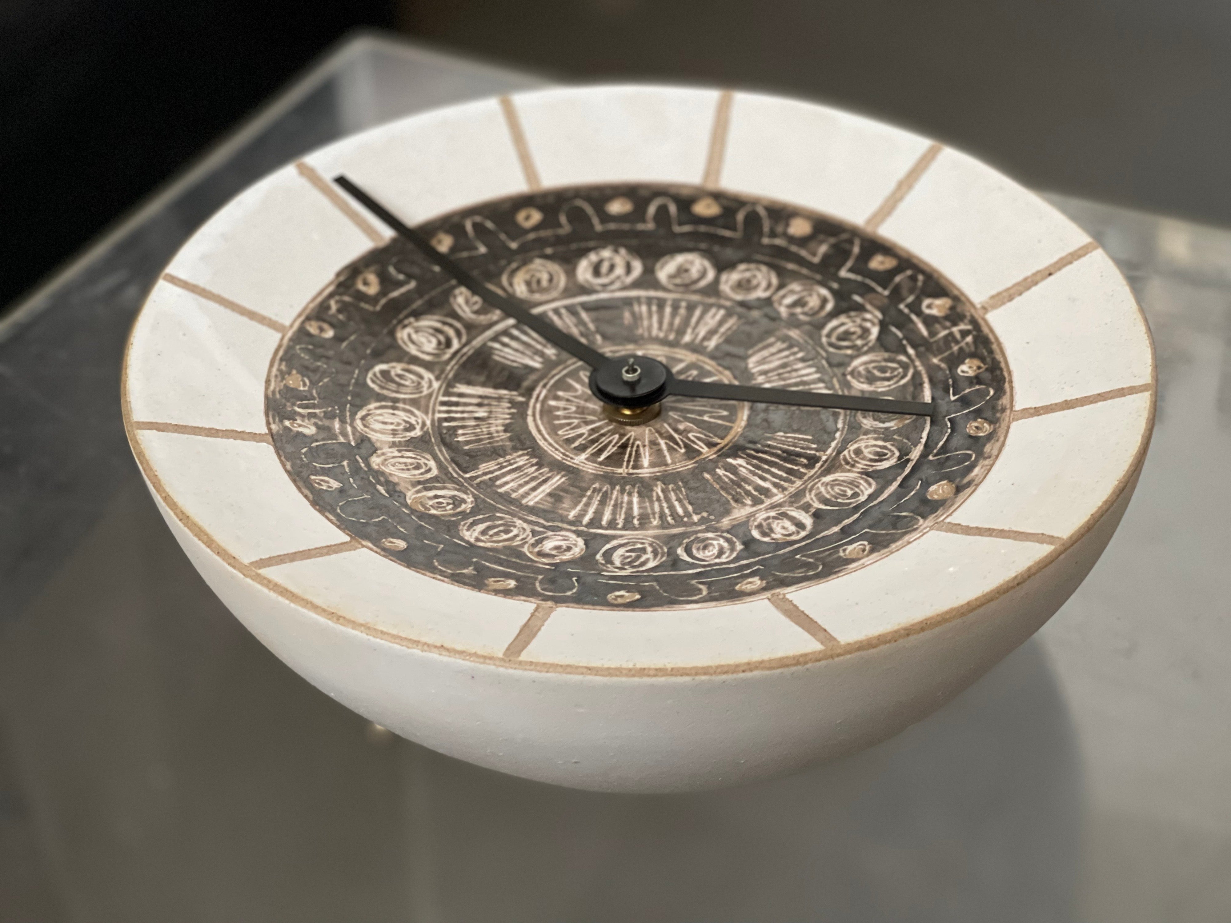 Rare form Martz clock - this is an early one. Still works. Original wiring. Lovely Sgraffito etchings. Excellent condition - no chips or cracks. 
*There is not a lamp for sale - I put that in the listing to get more views because MArtz is well known