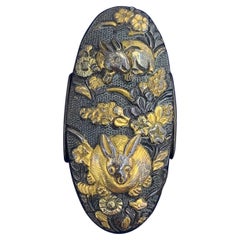 Rare Shakudo Bunny Rabbit Flower Pendant Necklace Japan Antique Victorian, 1870