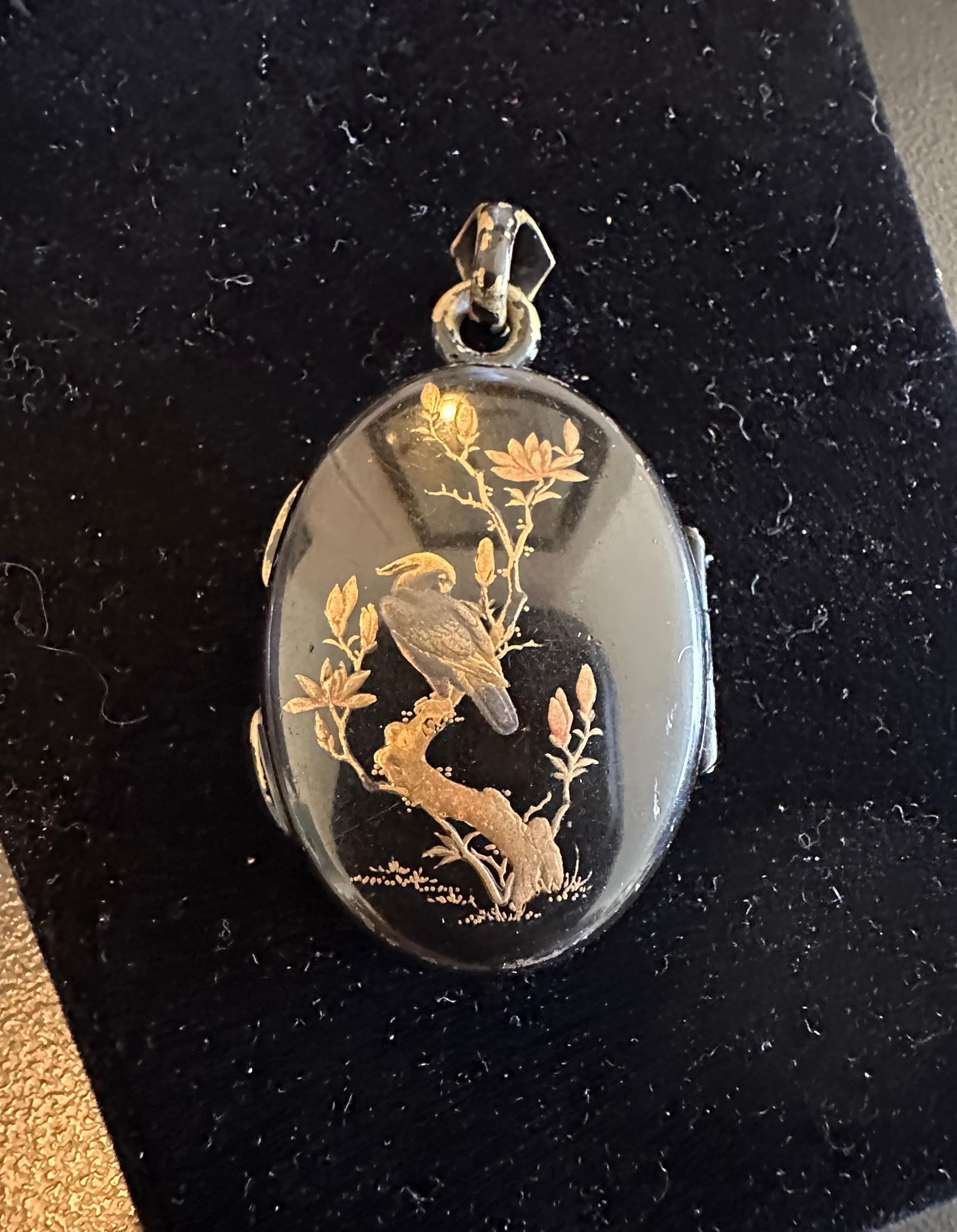 Aesthetic Movement Rare Shakudo Locket Pendant Necklace Bird Parrot Cockatoo Fan Japan Antique For Sale