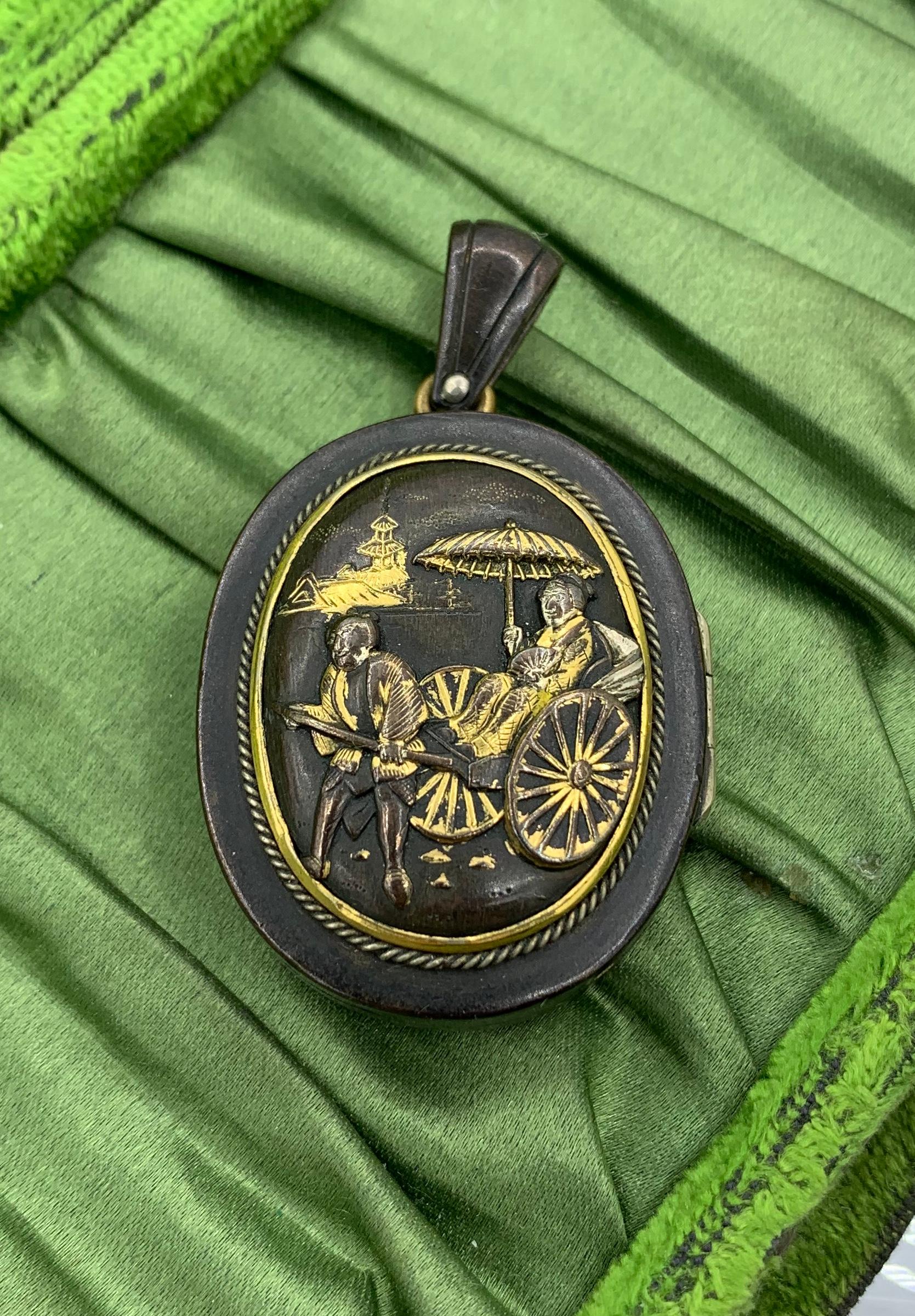 Rare Shakudo Locket Pendant Necklace Bird Rickshaw Mount Fuji Japan Antique For Sale 2