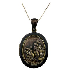 Rare Shakudo Locket Pendant Necklace Bird Rickshaw Mount Fuji Japan Antique