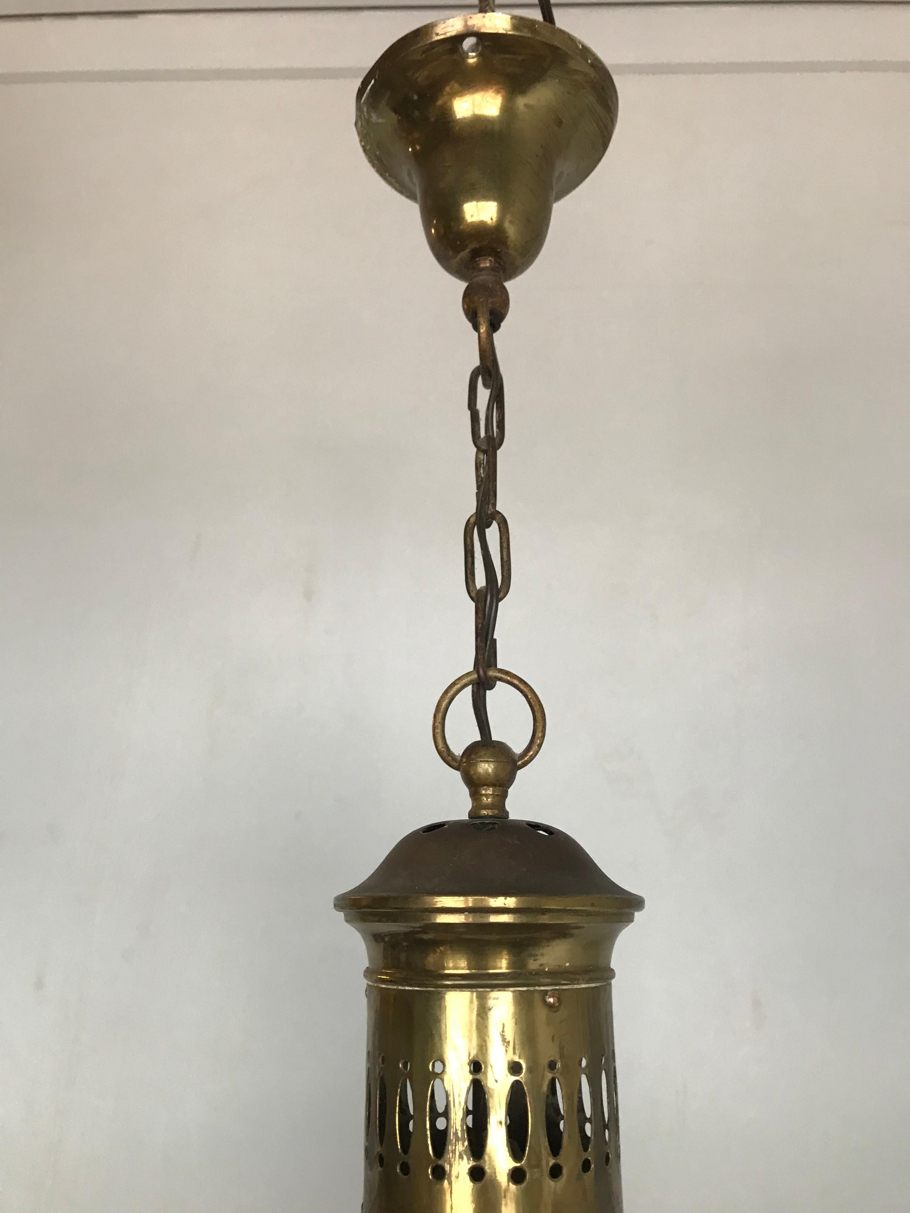 Rare Shape 1920s Arts and Crafts Two Piece Opaline Glass and Brass Pendant Light 8