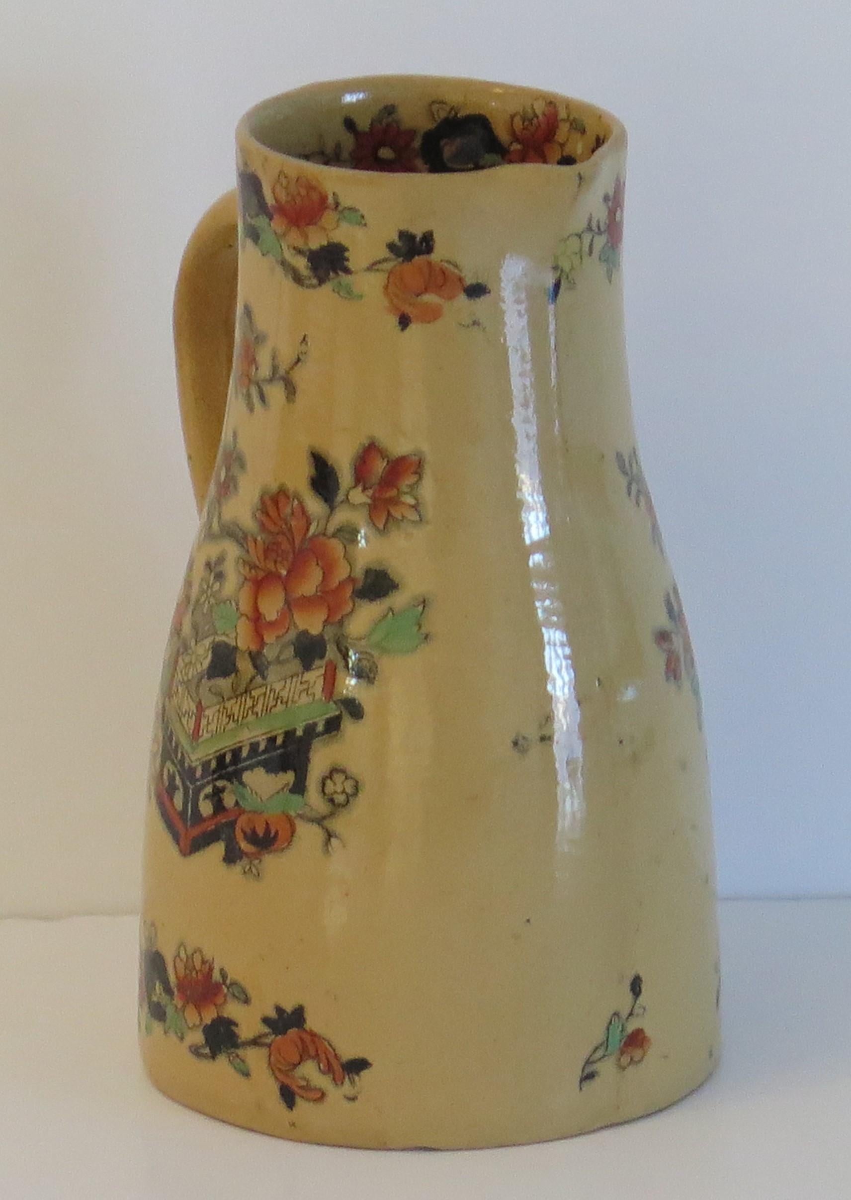 Hand-Painted Rare Shape Mason's Ironstone Jug or Pitcher in Flower Box Pattern, circa 1840