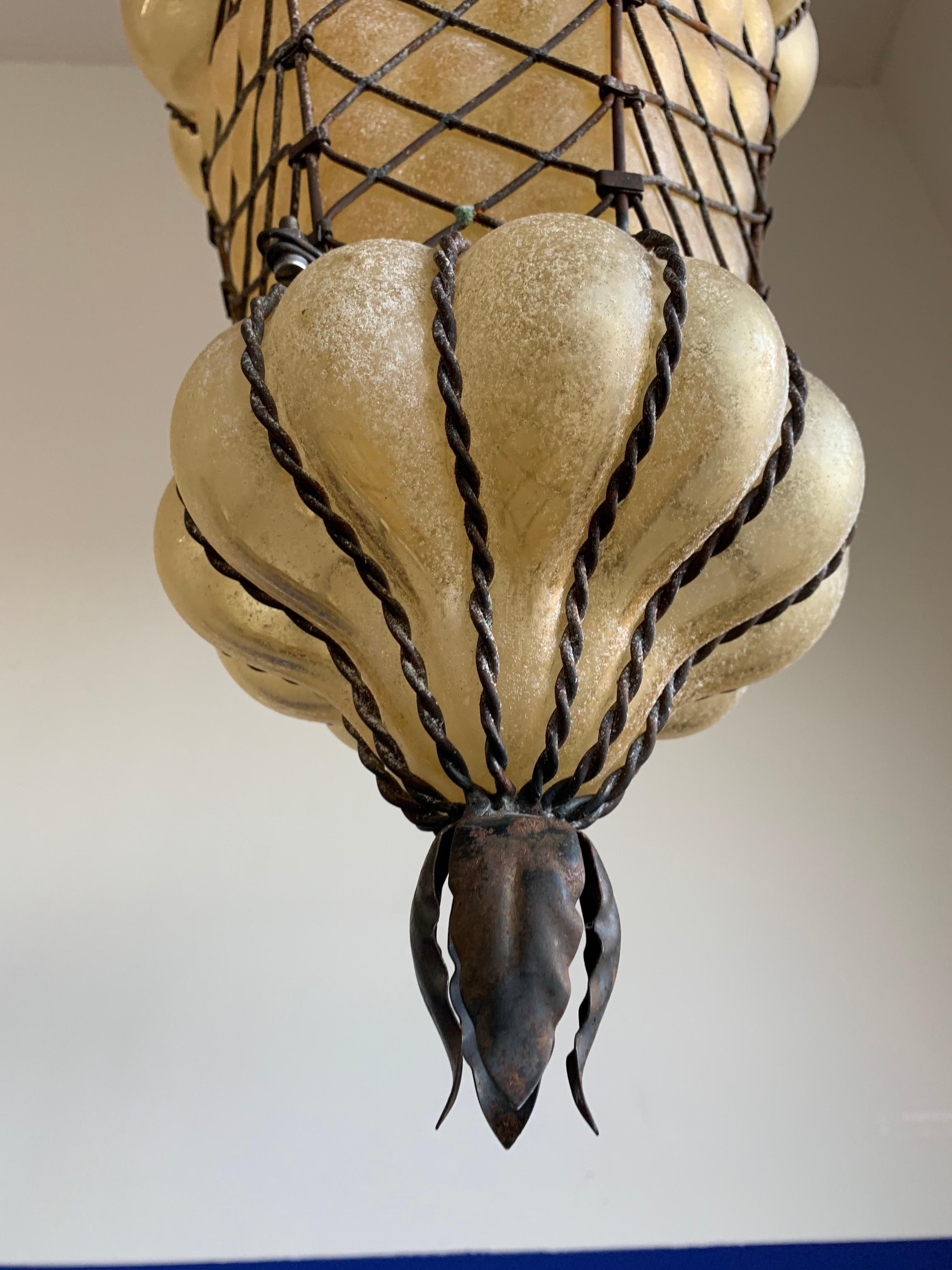 Rare & Large Shape Venetian Murano Pendant Light Mouthblown Amber Glass in Frame For Sale 1