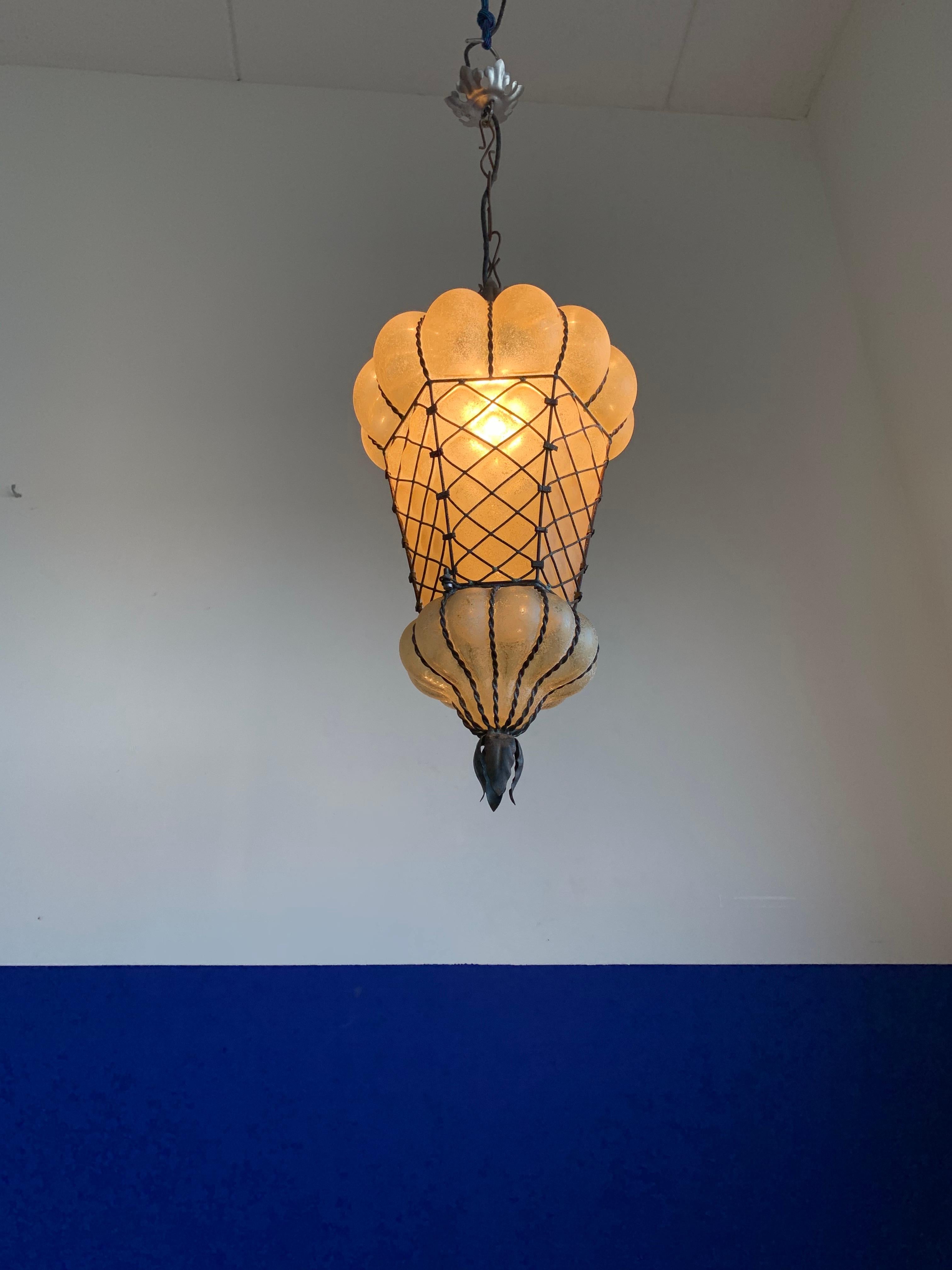 Rare & Large Shape Venetian Murano Pendant Light Mouthblown Amber Glass in Frame For Sale 9