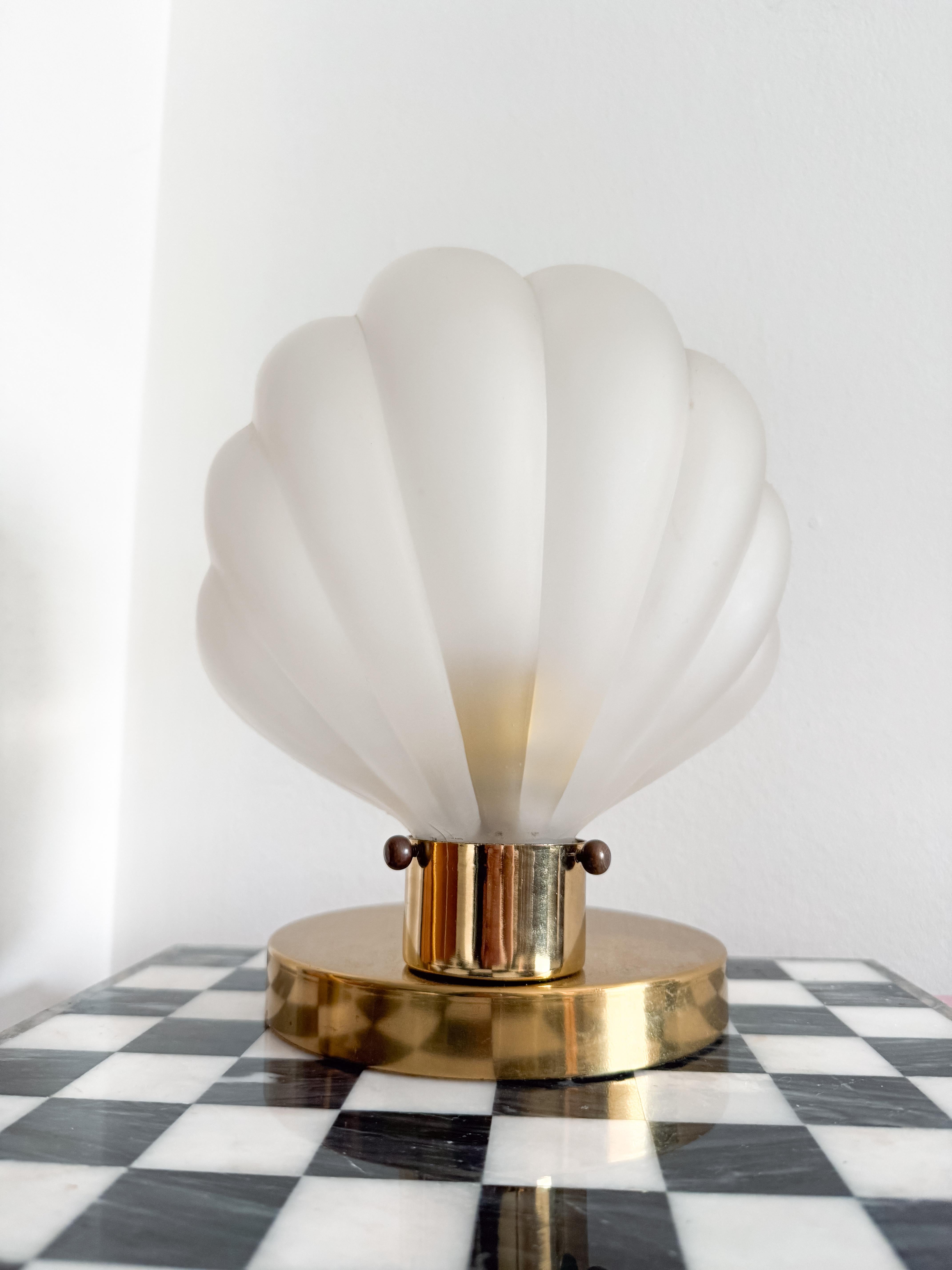 Rare Shell 1980s Frosted Glass and Brass Art Deco Table Lamp Dimmable In Good Condition In Toronto, CA