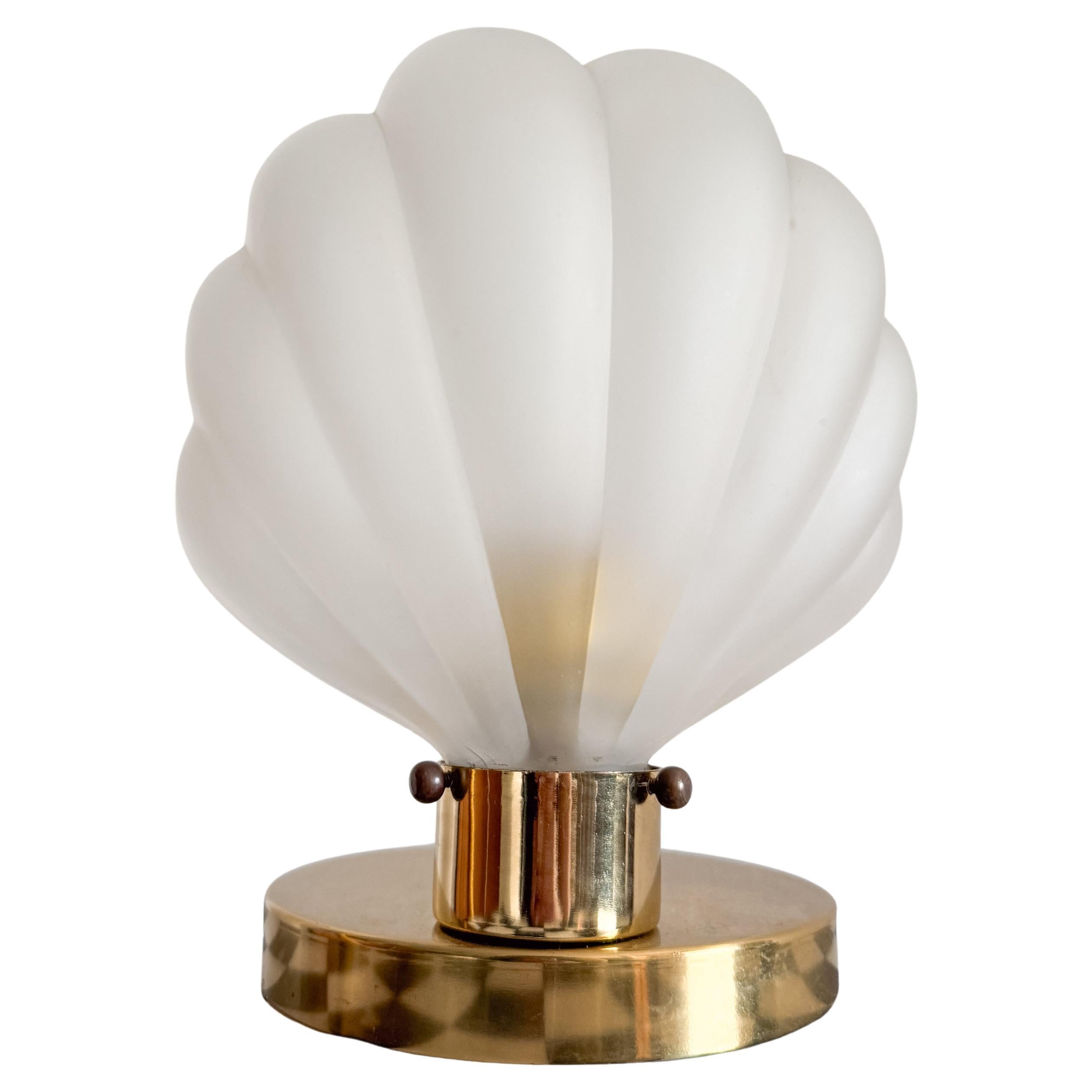 Rare Shell 1980s Frosted Glass and Brass Art Deco Table Lamp Dimmable