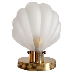 Rare Shell 1980s Frosted Glass and Brass Art Deco Table Lamp Dimmable