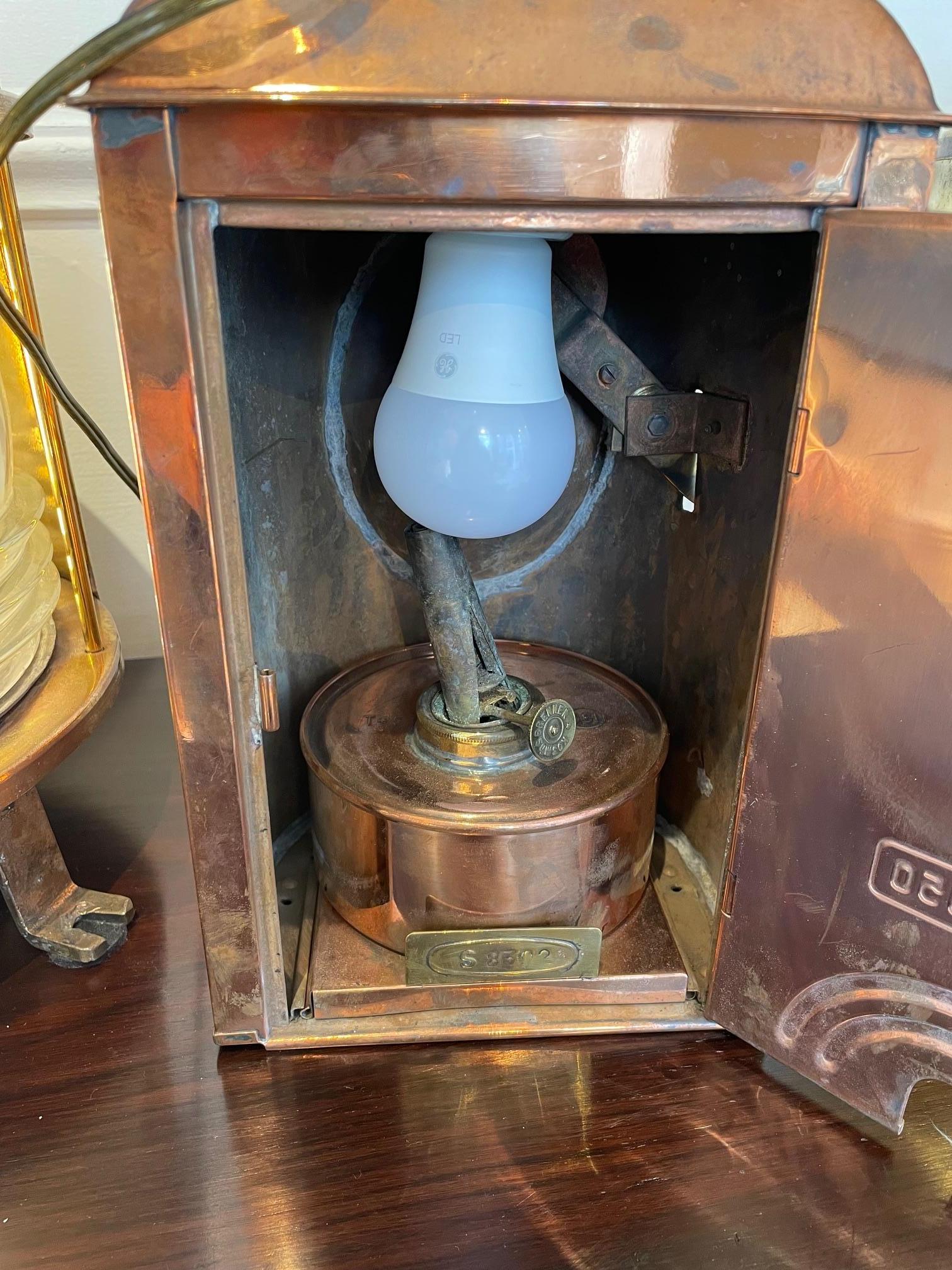 20th Century Rare Ship's Copper Shutter Signal Light with Fresnel Lens For Sale