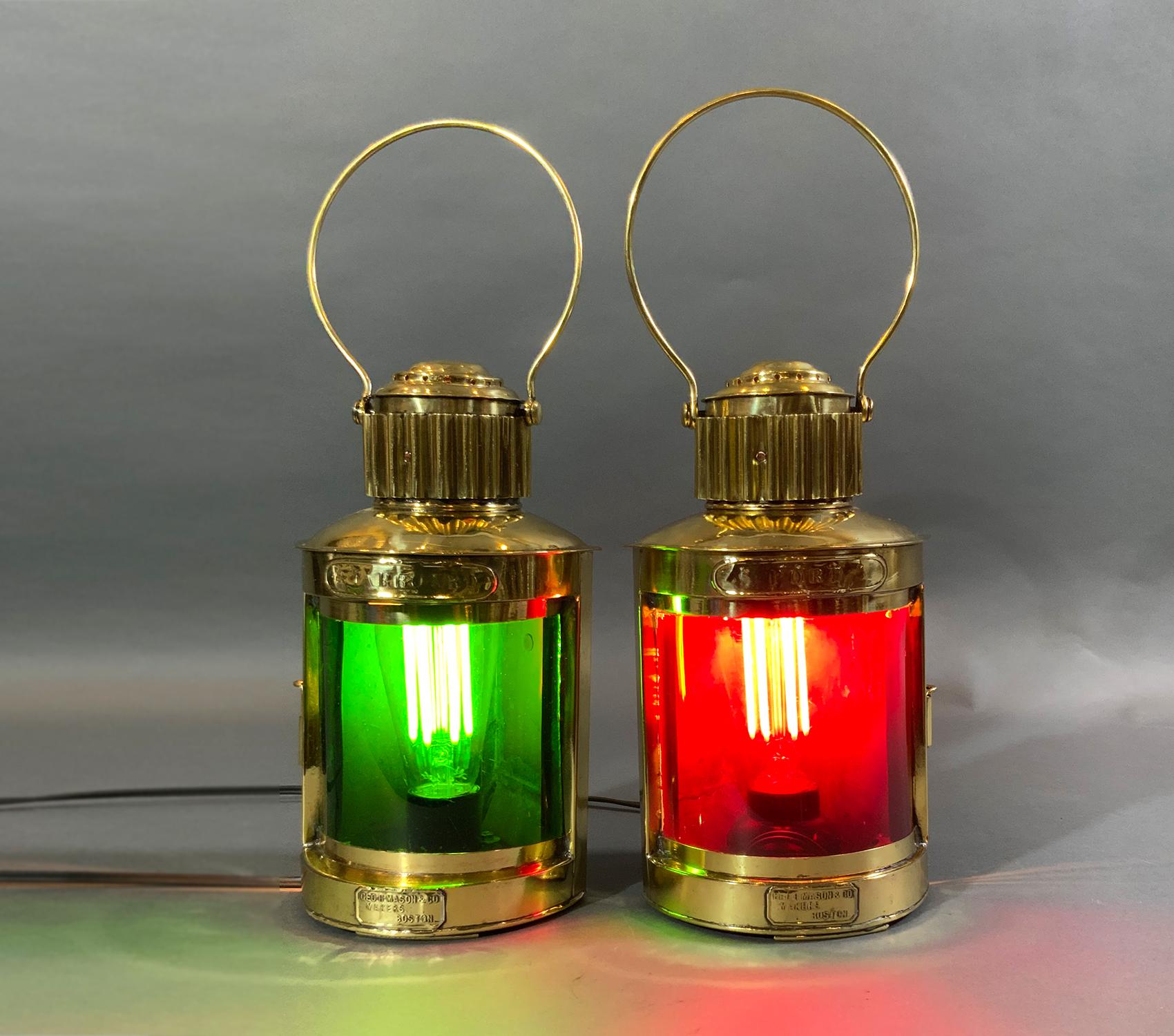 Awesome pair of meticulously polished and lacquered Nineteenth Century solid brass ships port and starboard lanterns. This is a rare delicate pair with original makers badges.

Weight: 2 LBS
Overall Dimensions: 10” H x 6” L x 6” D
Made: