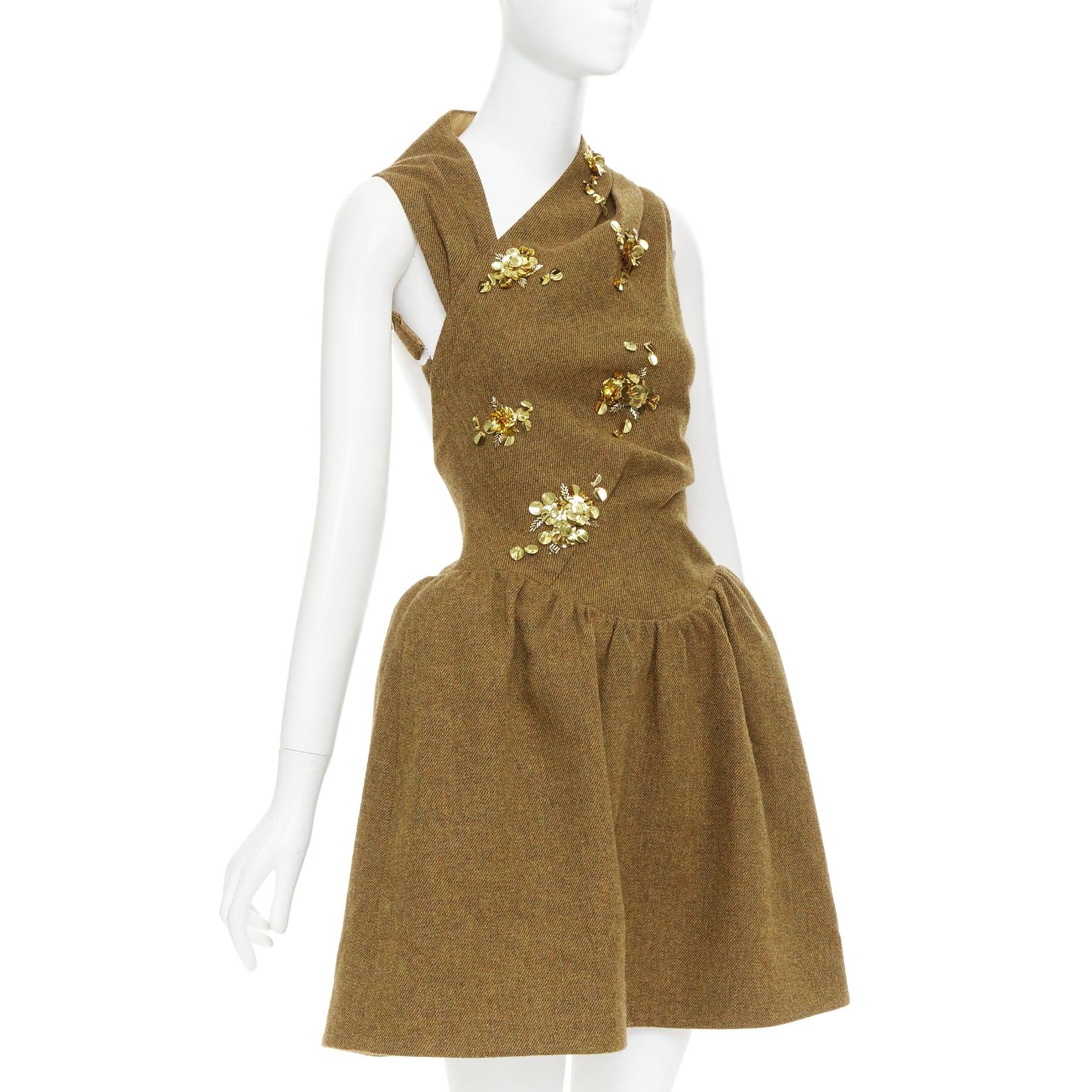 Brown rare SHUSHU TONG Backless brown wool gold sequin fit flare dress UK6 XS For Sale
