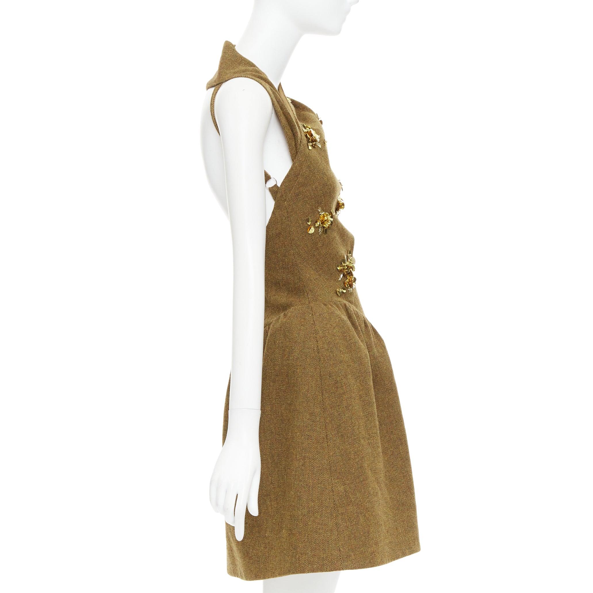 rare SHUSHU TONG Backless brown wool gold sequin fit flare dress UK6 XS In Excellent Condition For Sale In Hong Kong, NT